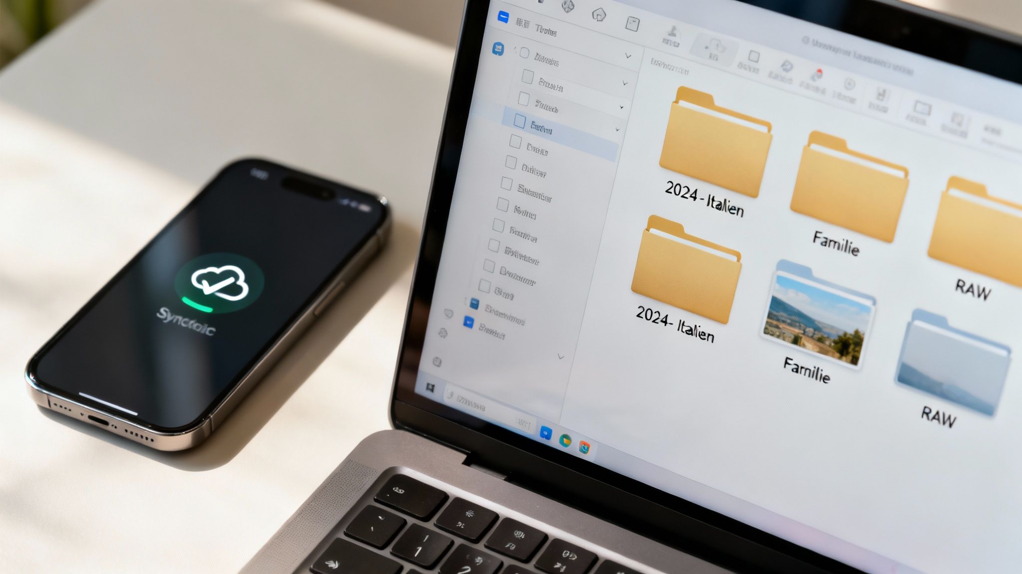 Eine organisierte Sammlung von Fotos auf einem Laptop-Bildschirm, die für den Upload in die Cloud vorbereitet wird.