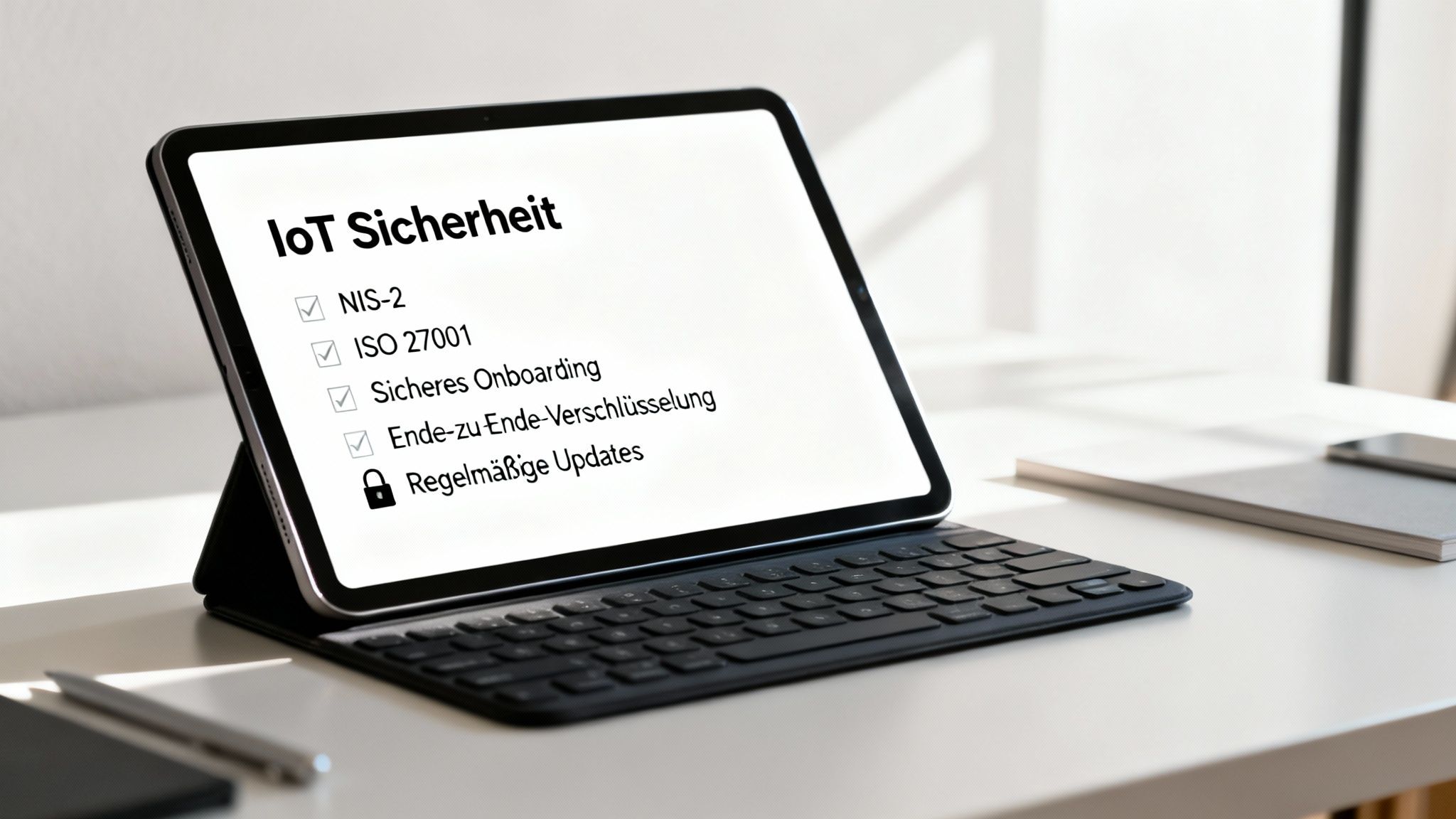 Tablet zeigt eine Liste von IoT-Sicherheitsmaßnahmen, inklusive Compliance-Standards wie NIS-2 und ISO 27001, auf einem Schreibtisch.