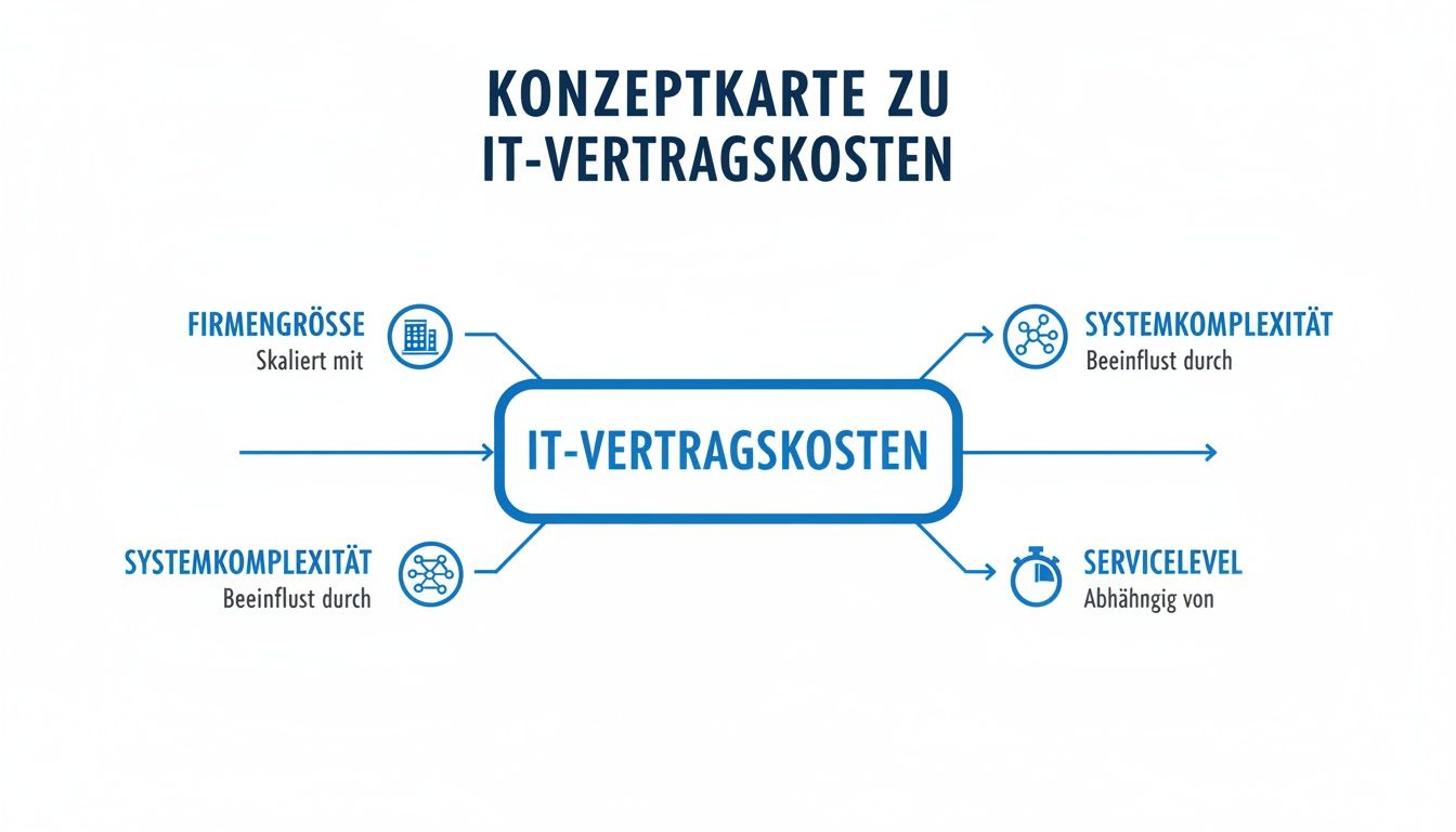 Konzeptkarte zu IT-Vertragskosten zeigt Einflussfaktoren wie Firmengröße, Systemkomplexität und Servicelevel.