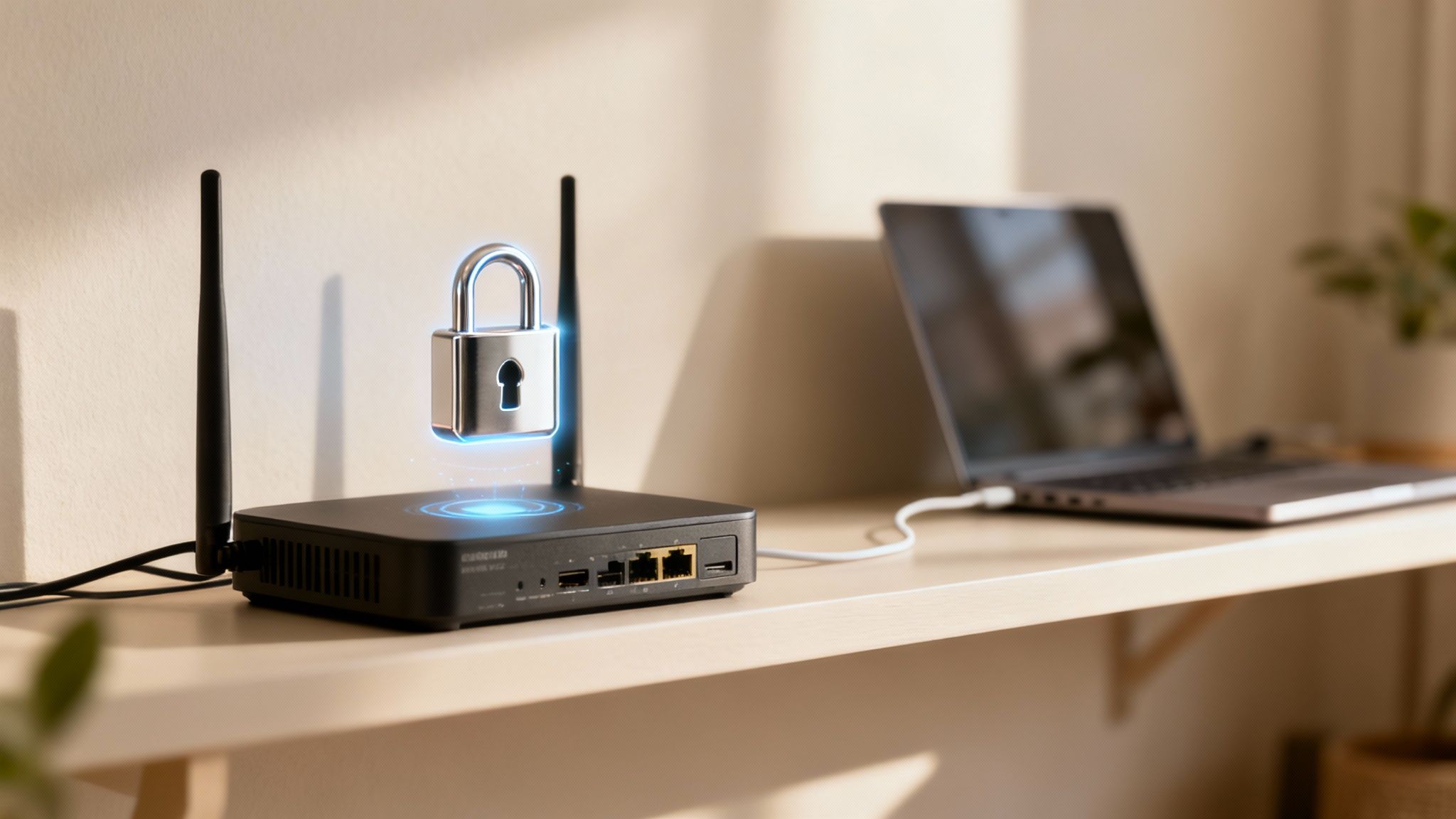 Eine stilisierte Grafik eines Schlosses auf einem WLAN-Symbol, das Sicherheit und Schutz symbolisiert.