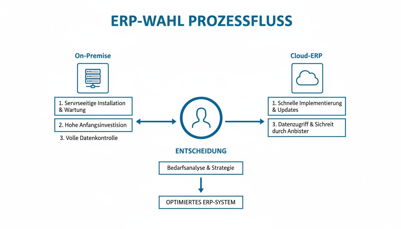 Flussdiagramm zum ERP-System-Auswahlprozess, das On-Premise- und Cloud-Optionen mit Vor- und Nachteilen vergleicht, führt zu einem optimierten System.