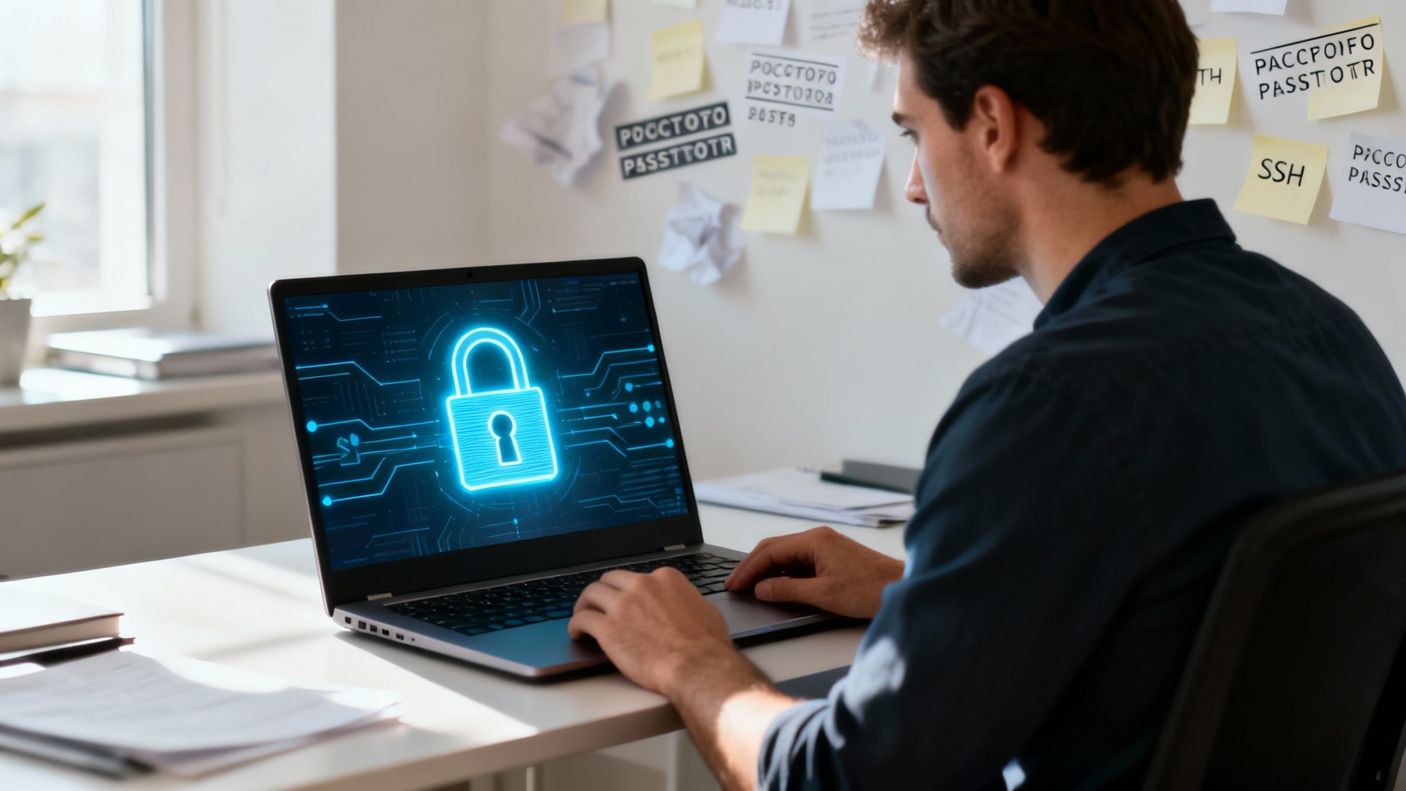 Ein Mann konzentriert sich auf seinen Laptop, dessen Bildschirm ein leuchtendes Vorhängeschloss-Symbol für Datensicherheit zeigt.