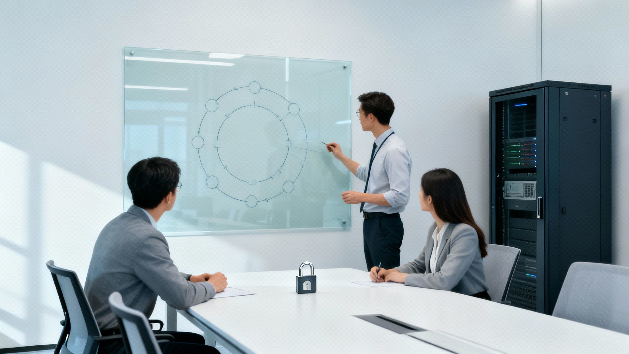Business-Meeting: Ein Mann präsentiert einen PDCA-Zyklus auf einer Glastafel, während zwei Kollegen zusehen. Ein Vorhängeschloss auf dem Tisch.