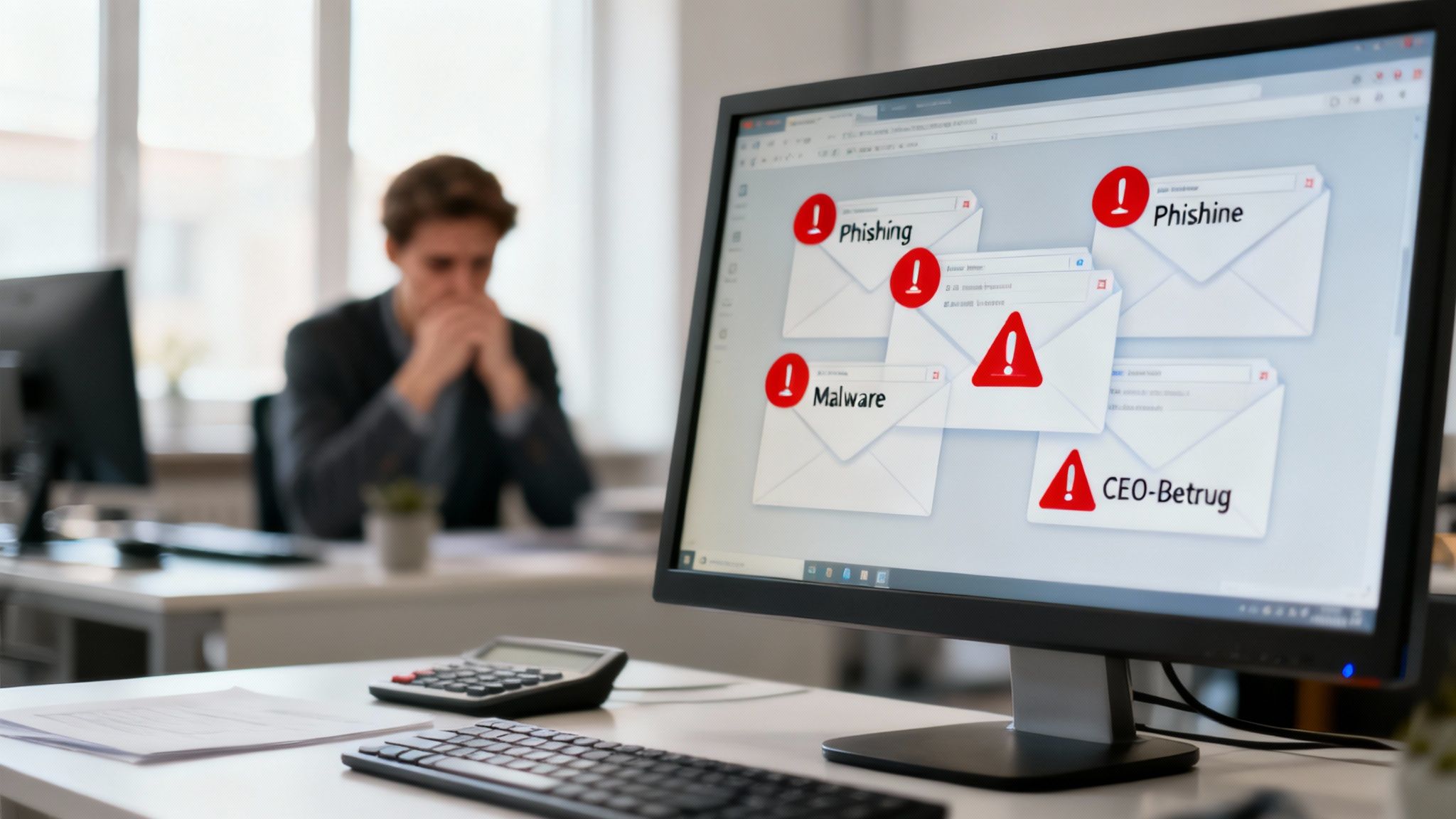 Serverraum mit leuchtenden Lichtern, der die zentrale E-Mail-Verarbeitung darstellt