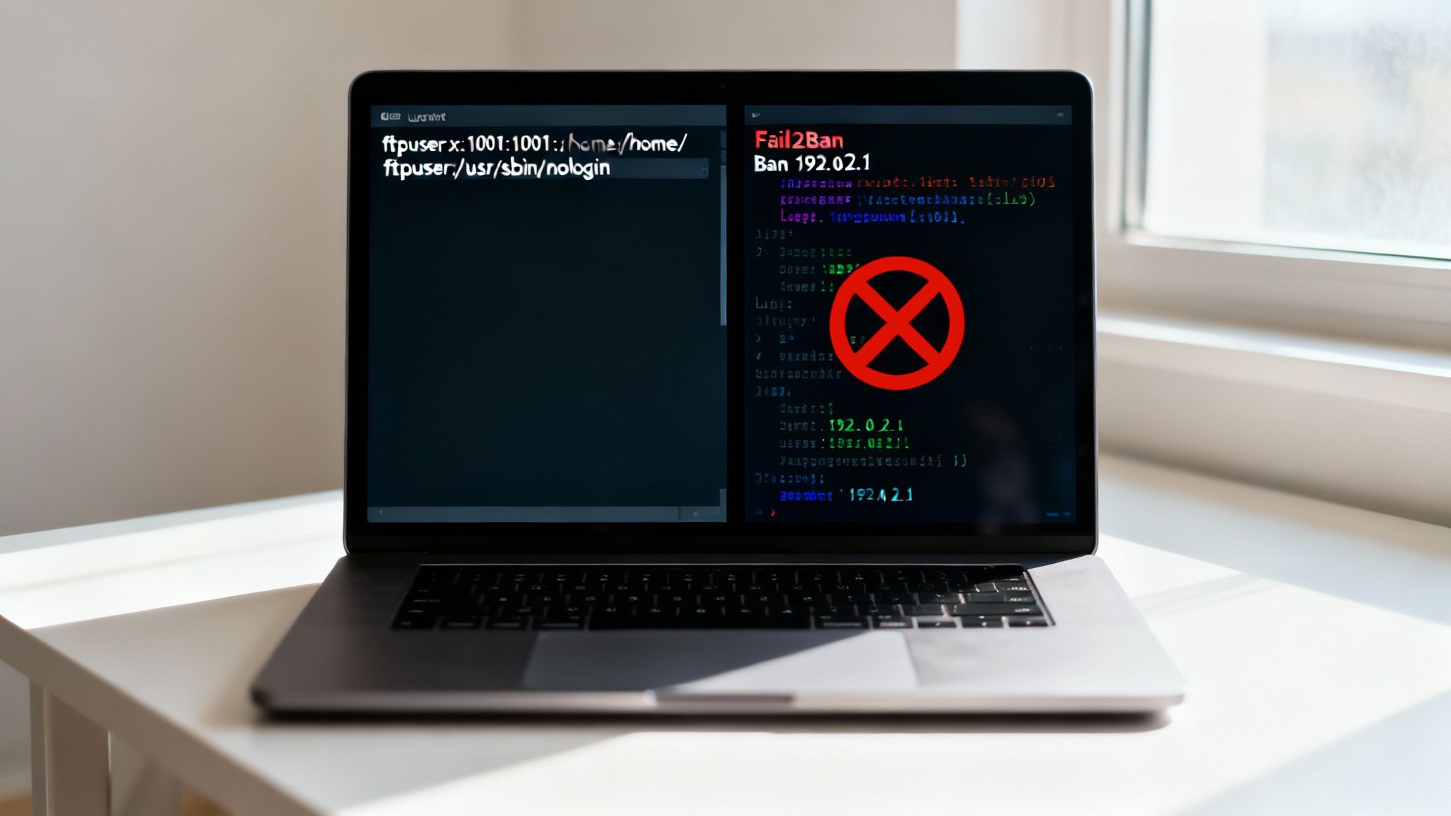 Laptopbildschirm zeigt FTP-Benutzerkonfiguration und Fail2Ban, das eine IP-Adresse blockiert.