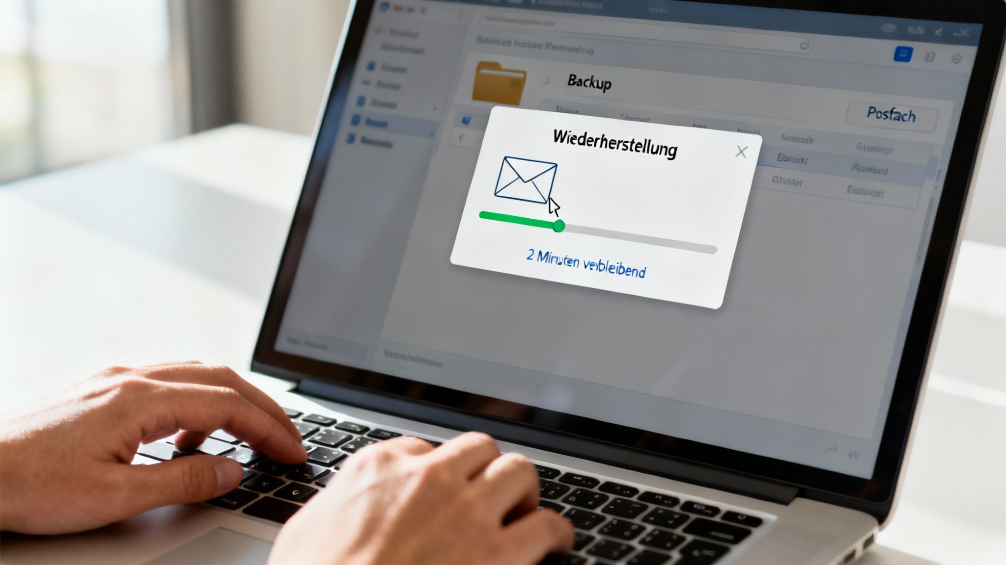 Eine Person stellt E-Mails auf einem Laptop wieder her, mit einem Fortschrittsbalken und verbleibender Zeit.