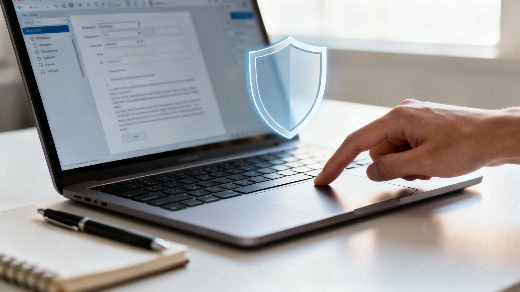 Eine Hand tippt auf einem Laptop, der ein digitales Schildsymbol zur Datensicherheit anzeigt.