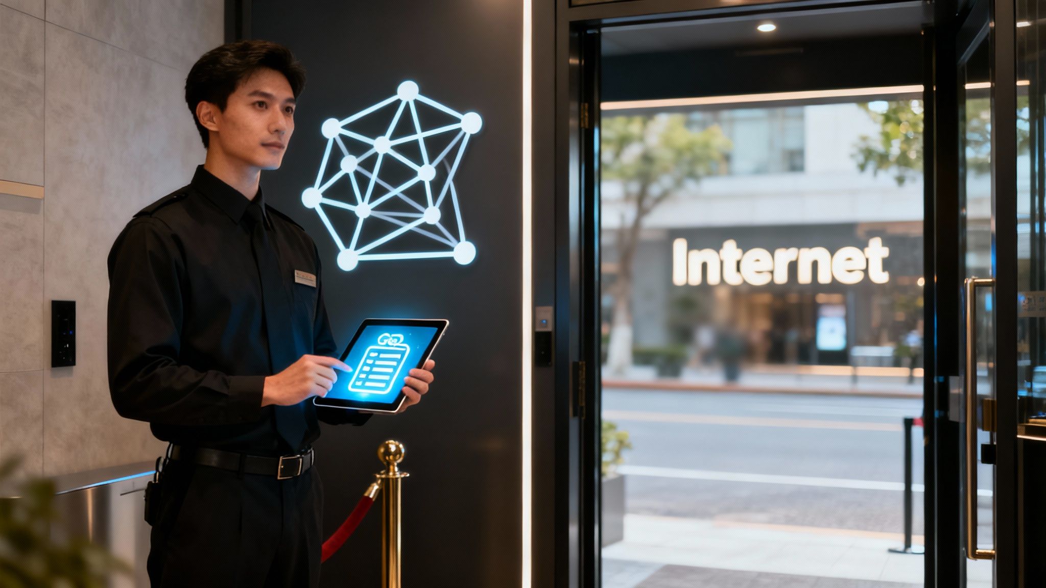 Professioneller Concierge mit Tablet vor beleuchteter Netzwerk-Grafik und Internet-Schriftzug an Glastür