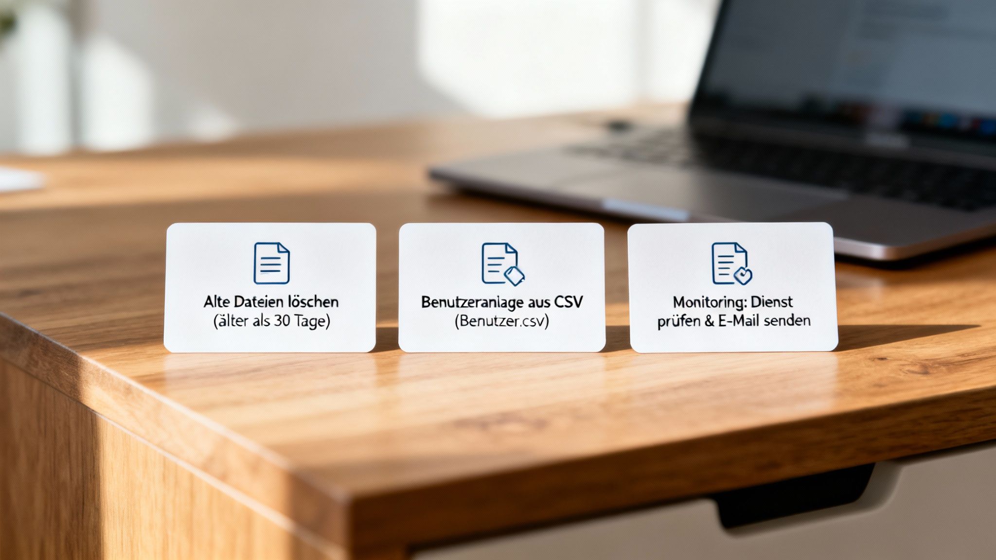 Drei weiße Karten mit blauen Icons und deutschen Texten zu automatisierten IT-Aufgaben auf einem Holztisch mit Laptop.