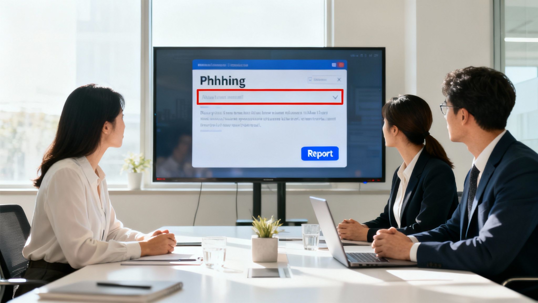 Drei Personen in einem Meetingraum betrachten eine Präsentation über Phishing-Mails auf einem Bildschirm.