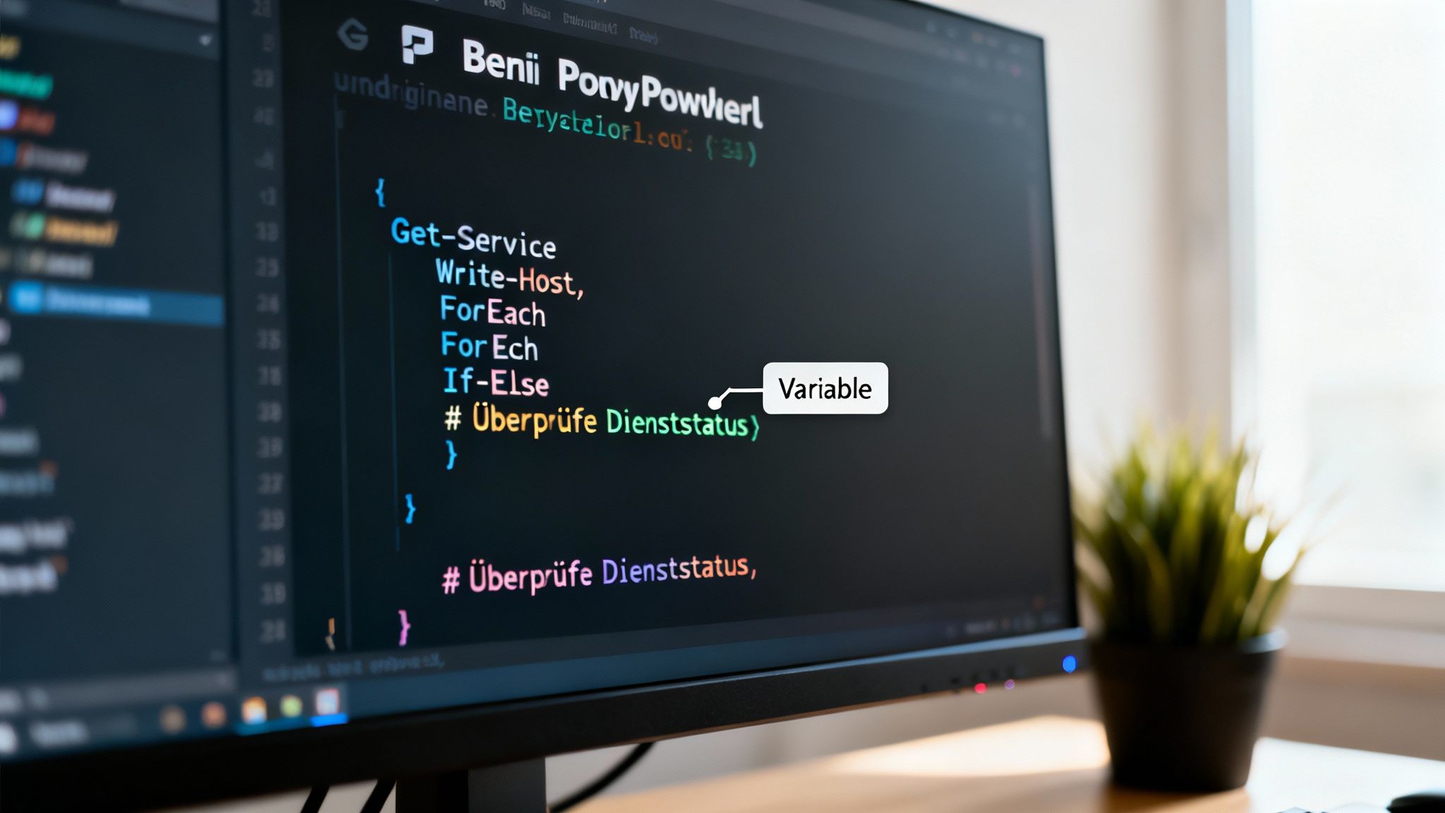 Computerbildschirm zeigt PowerShell-Code mit einem „Variable“-Hinweis, umgeben von einem Arbeitsplatz.