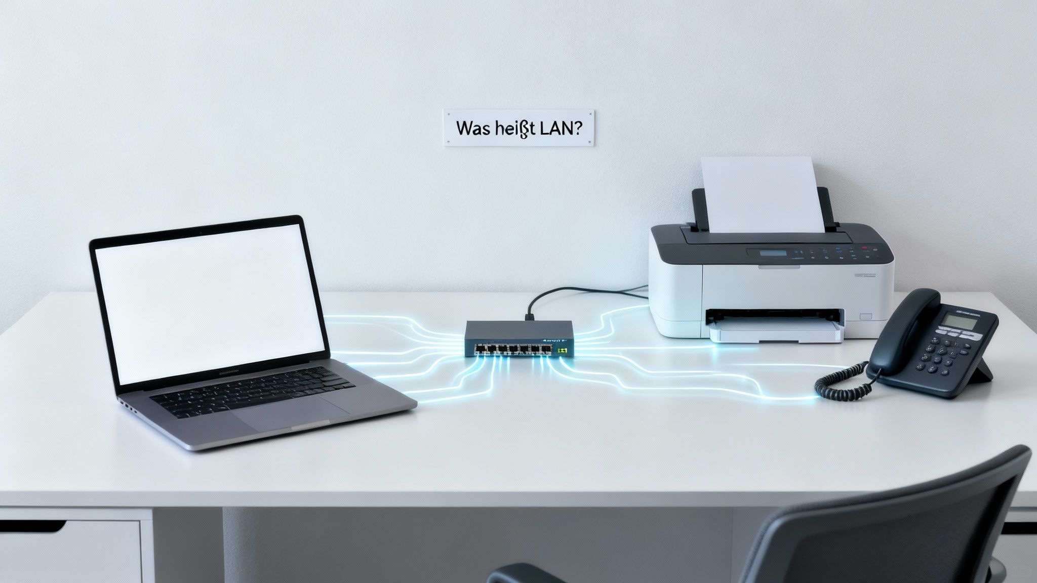 Ein Schreibtisch mit Laptop, Netzwerk-Switch, Drucker und Telefon, die durch leuchtende blaue Linien verbunden sind. Ein Schild fragt: Was heißt LAN?