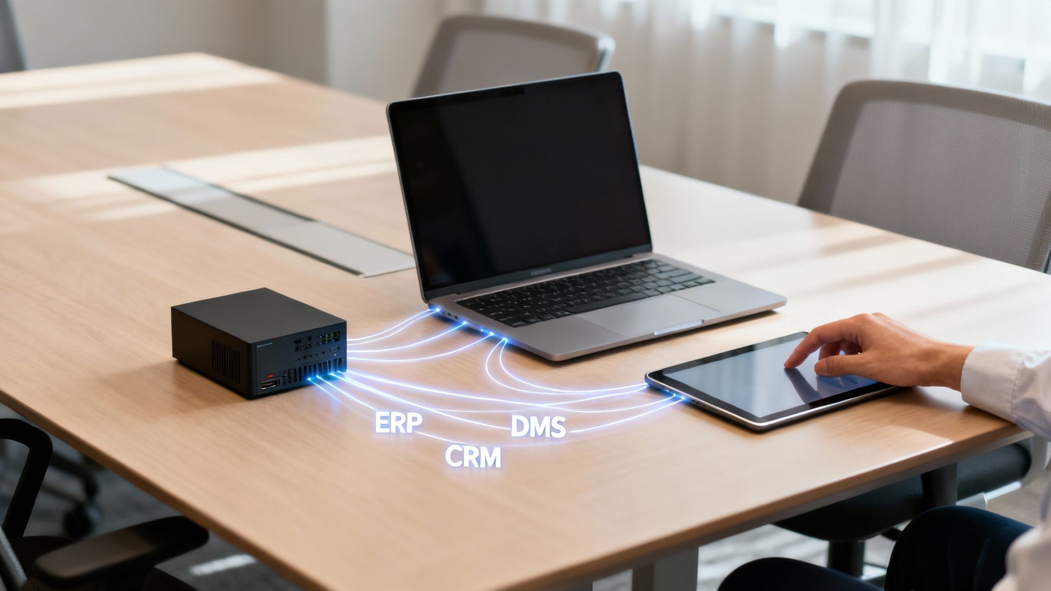 Ein Mini-Server verbindet Laptop und Tablet mit geschäftlichen ERP-, DMS- und CRM-Systemen, während eine Hand den Tablet-Bildschirm berührt.