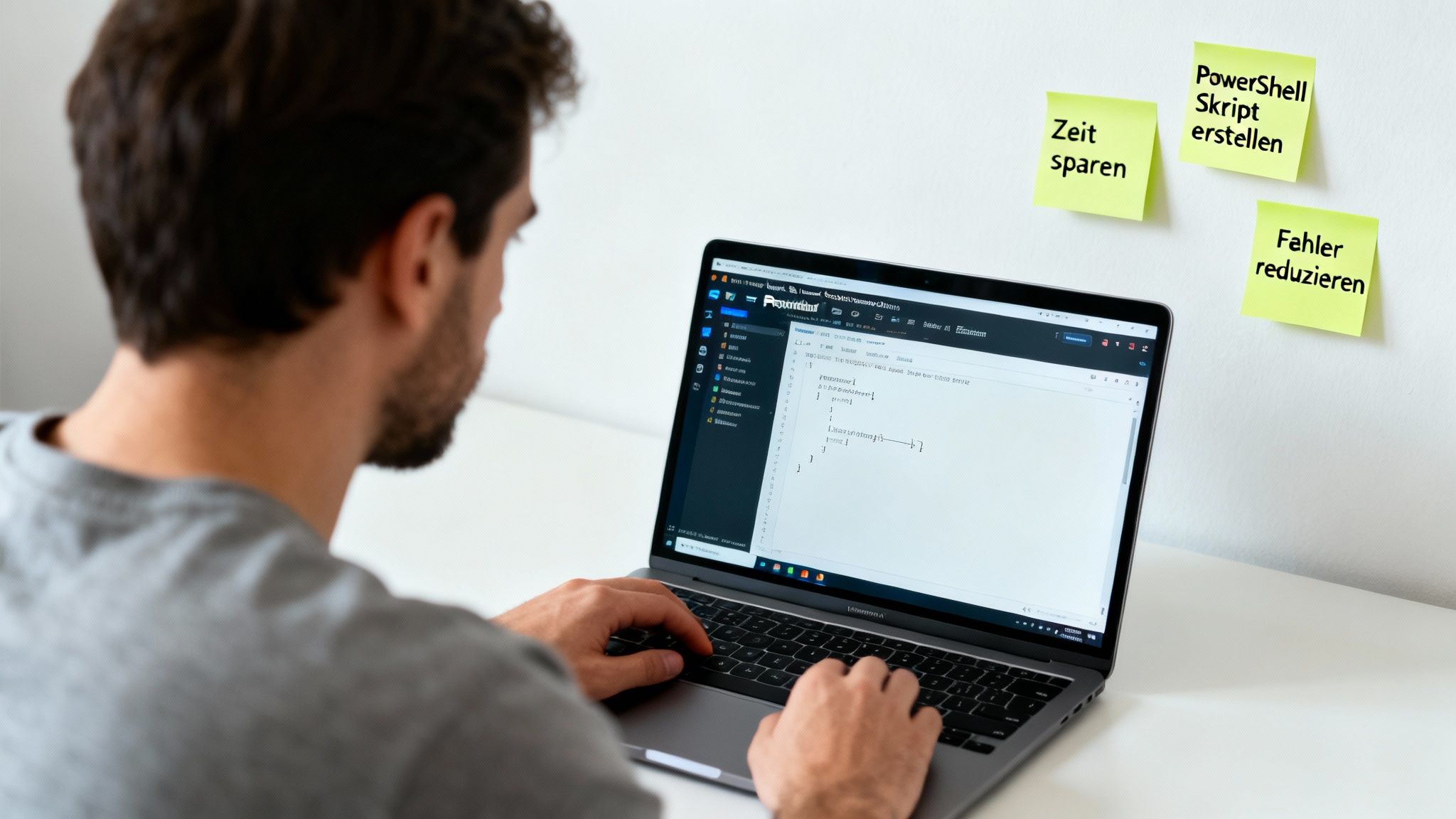 Mann programmiert auf Laptop mit PowerShell-Code. Haftnotizen an der Wand: PowerShell Skript erstellen, Zeit sparen, Fehler reduzieren.