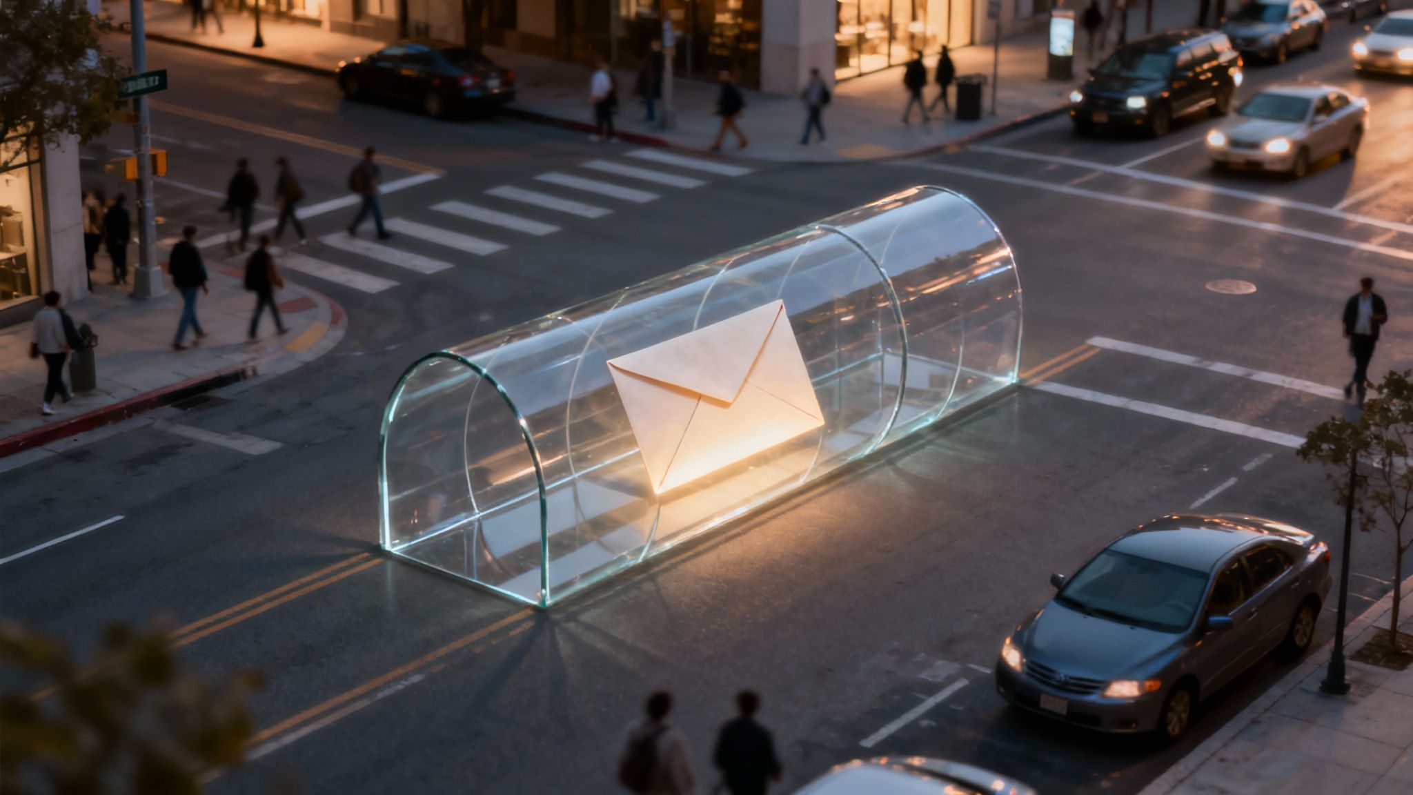 Leuchtende Röhre mit Briefumschlag symbolisiert sichere Datenübertragung durch verschlüsselte VPN-Verbindung in Stadtszene
