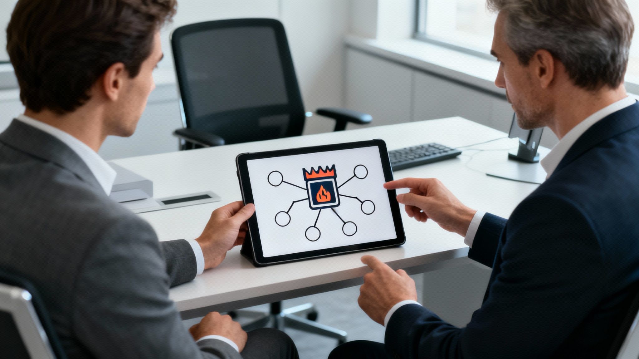 Zwei Geschäftsleute betrachten Firewall-Diagramm mit Sicherheitssymbol auf Tablet im Büro