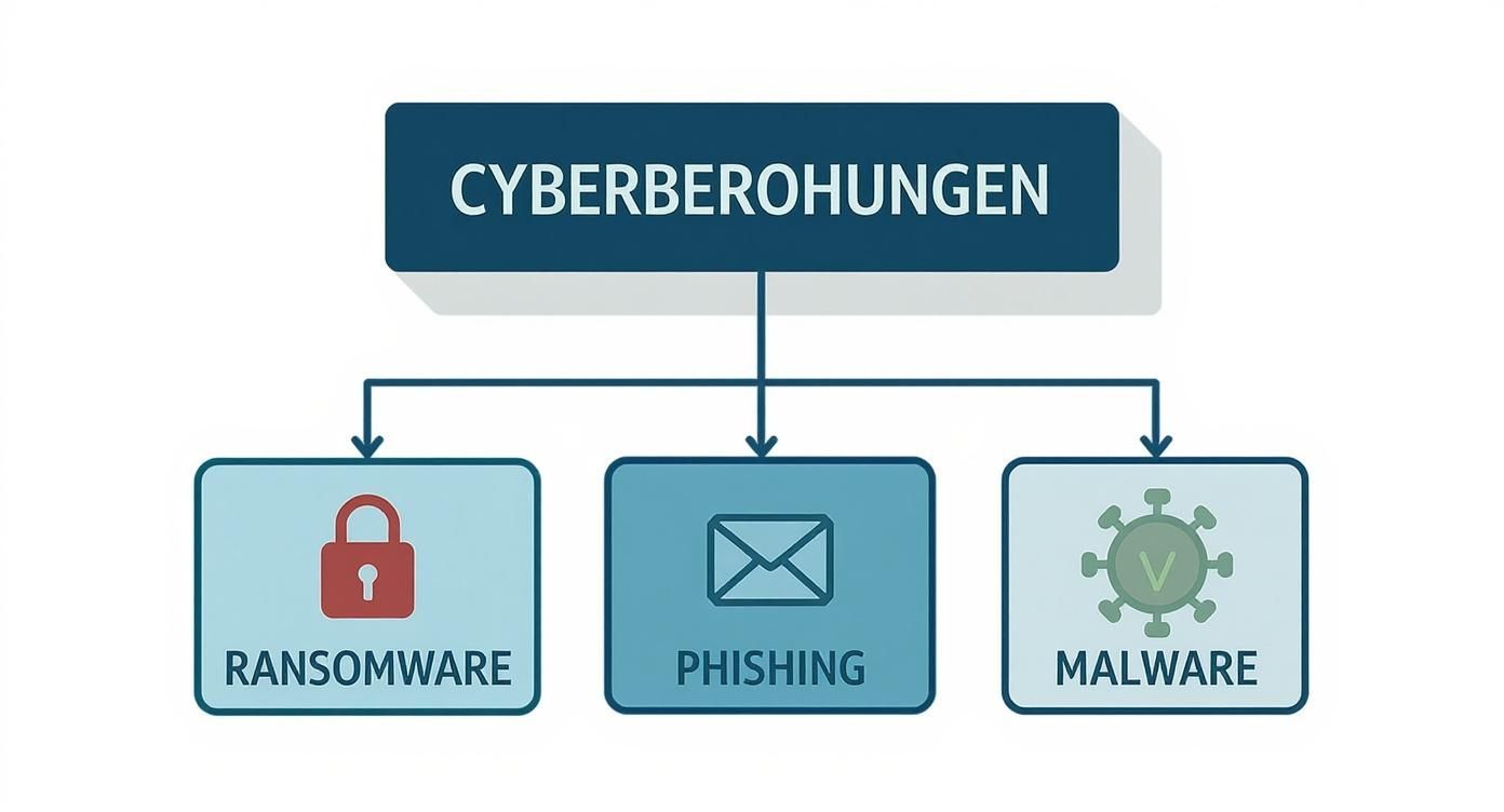 Flussdiagramm zeigt Cyberbedrohungen: Ransomware, Phishing und Malware mit entsprechenden Symbolen.
