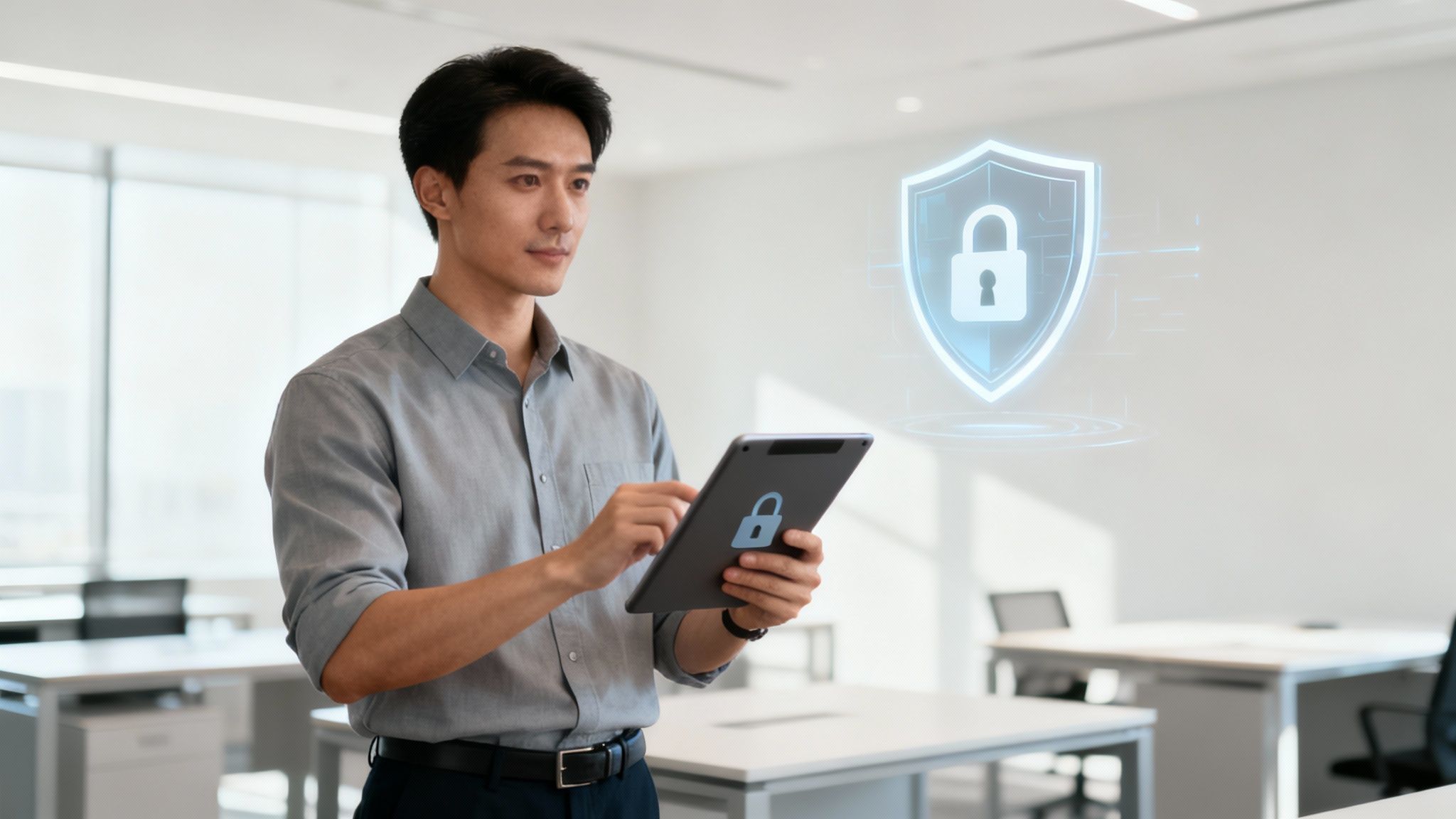 Eine Person, die strategisch vor mehreren Monitoren mit Sicherheitsdaten sitzt