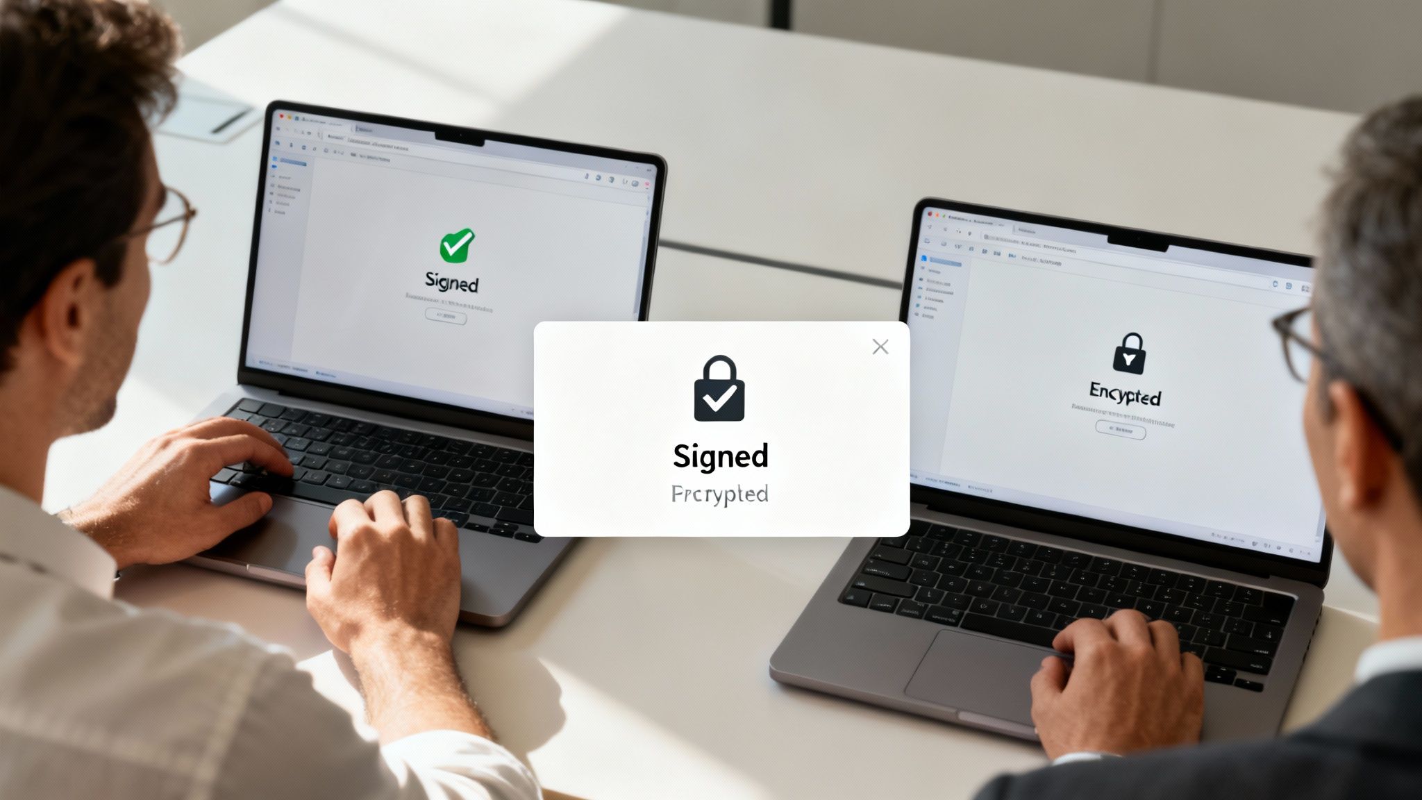 Eine Person, die ein digitales Schloss an einer E-Mail anbringt.