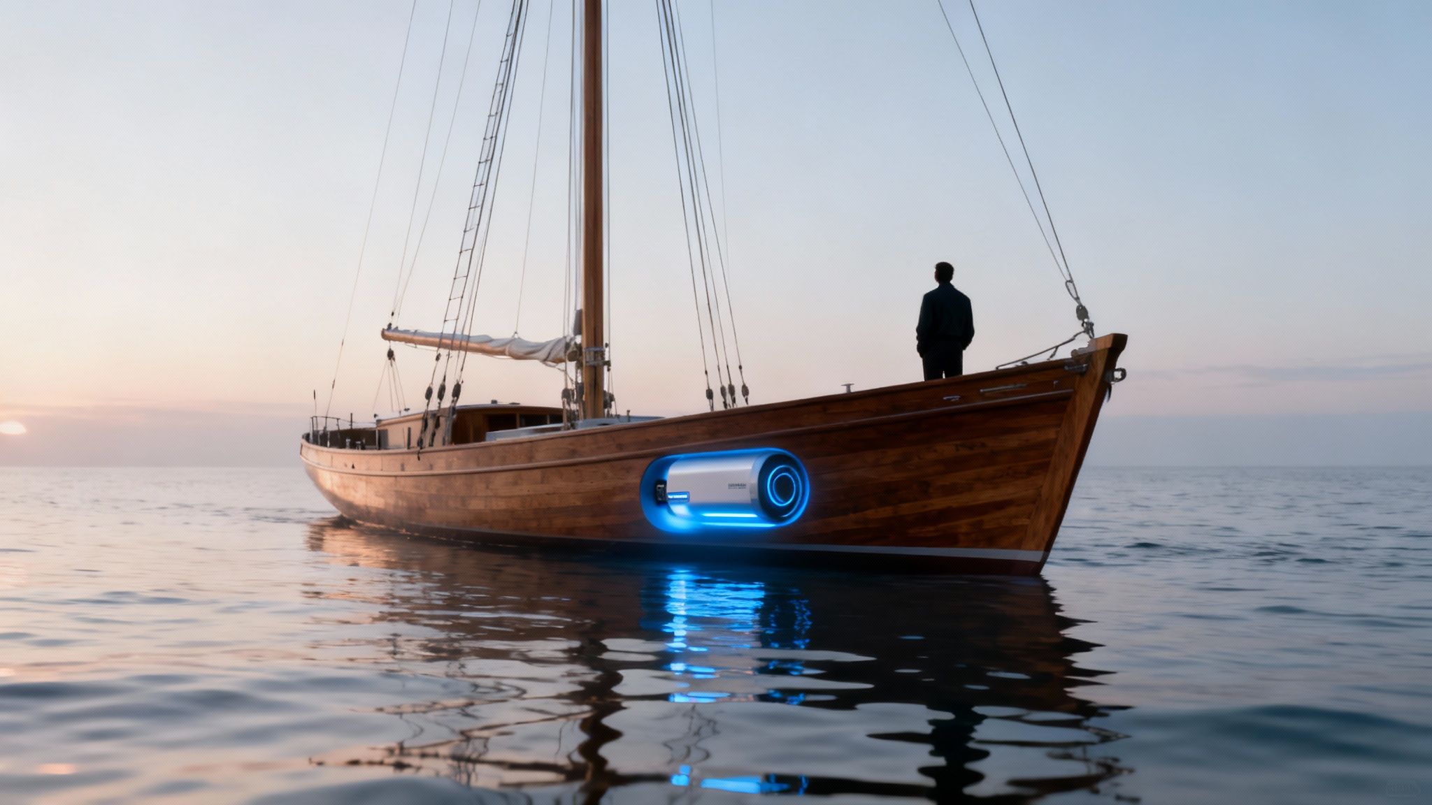 Hölzernes Segelboot mit blau leuchtendem High-Tech-Antrieb im Rumpf, ein Mann blickt aufs Meer bei Sonnenuntergang.