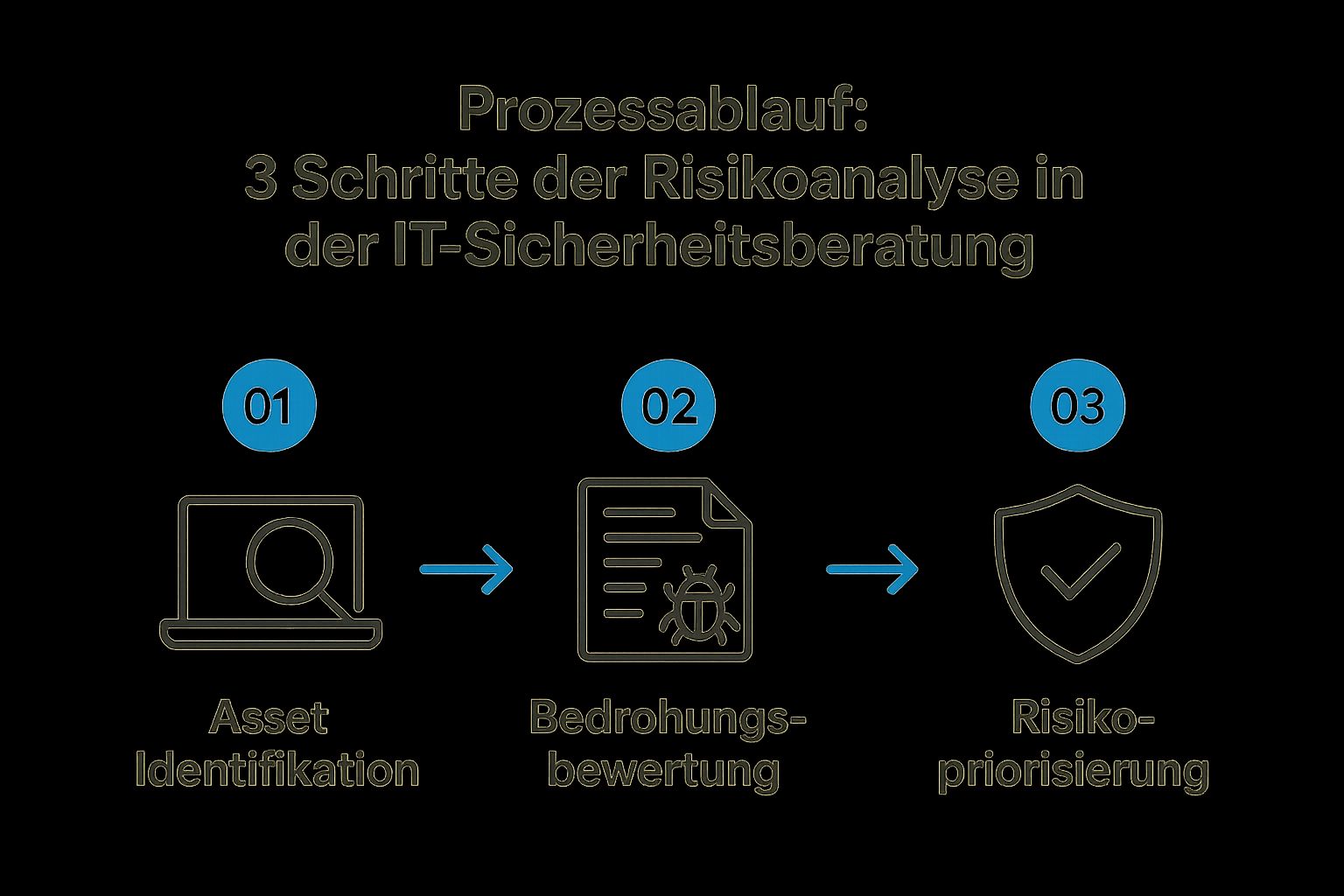 Infografik, die den dreistufigen Prozess der Risikoanalyse in der IT-Sicherheitsberatung zeigt: Asset-Identifikation, Bedrohungsbewertung und Risikopriorisierung.