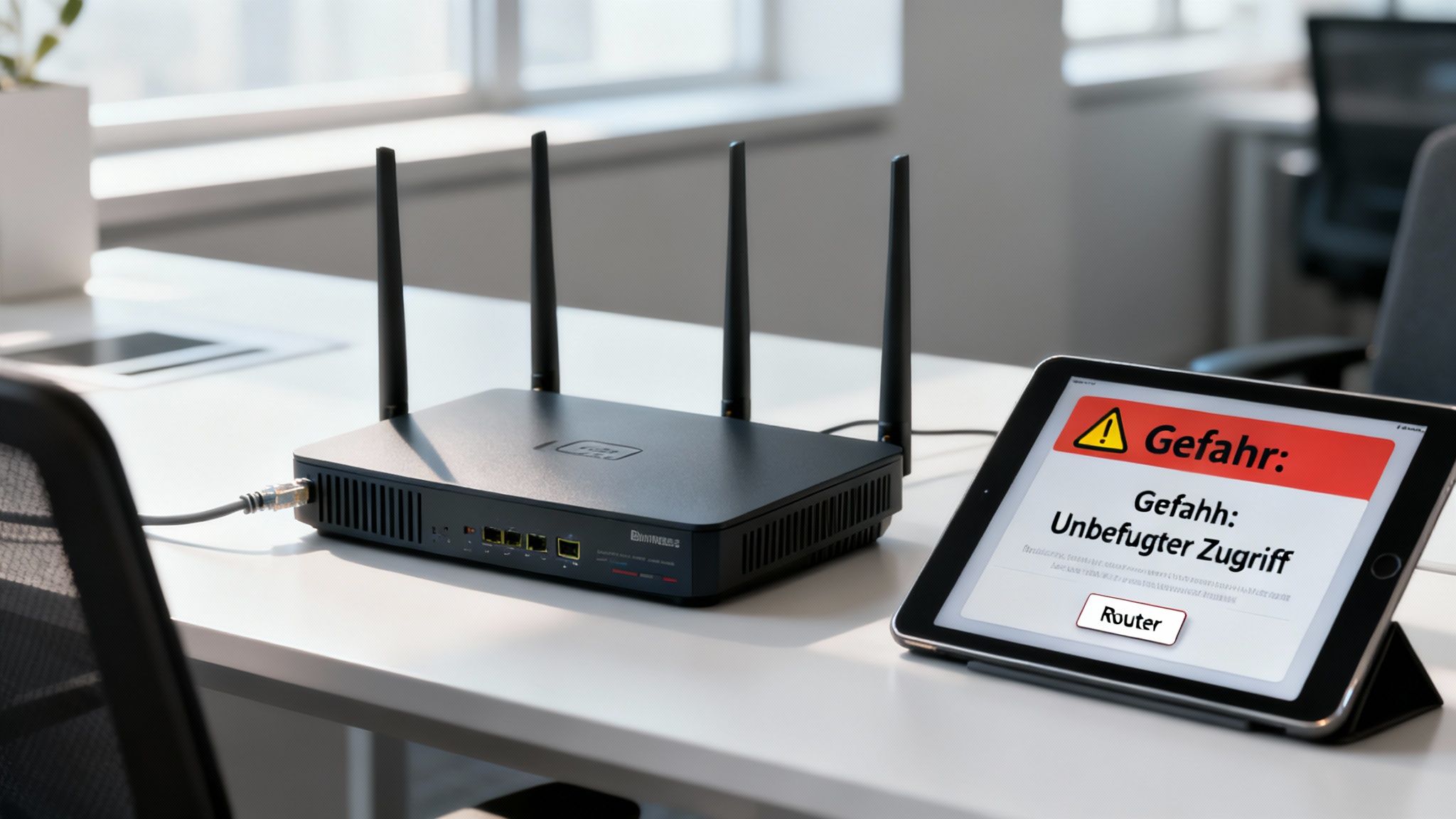 Ein schwarzer Router auf einem Schreibtisch, daneben ein Tablet mit einer Warnung vor unbefugtem Zugriff.