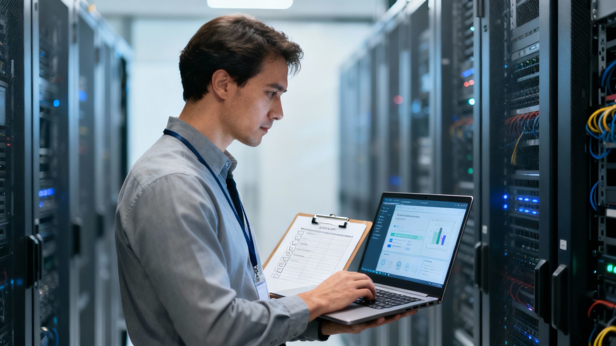 Ein Team testet in einer kontrollierten Umgebung einen Disaster-Recovery-Plan an Computern.