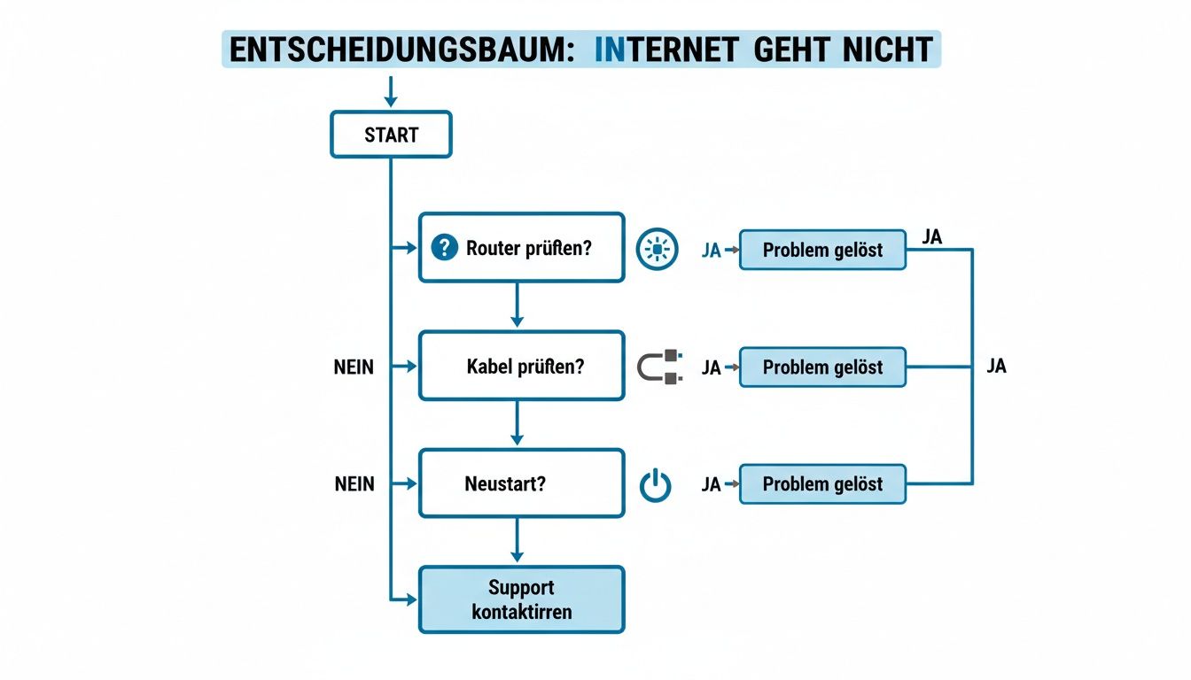 Flussdiagramm zur Fehlerbehebung bei Internetproblemen, beginnend mit Start, über Router- und Kabelprüfung bis hin zum Neustart und Supportkontakt.