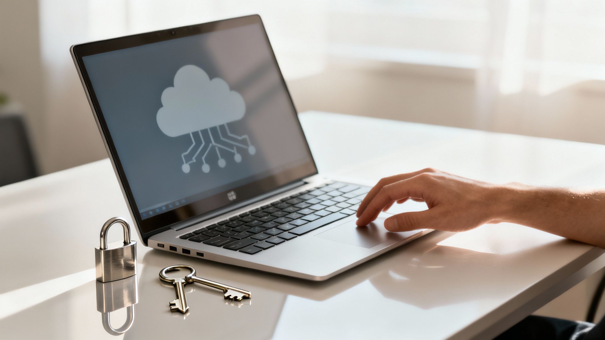 Person arbeitet am Laptop mit Cloud-Sicherheits-Symbol, daneben ein Vorhängeschloss und Schlüssel.