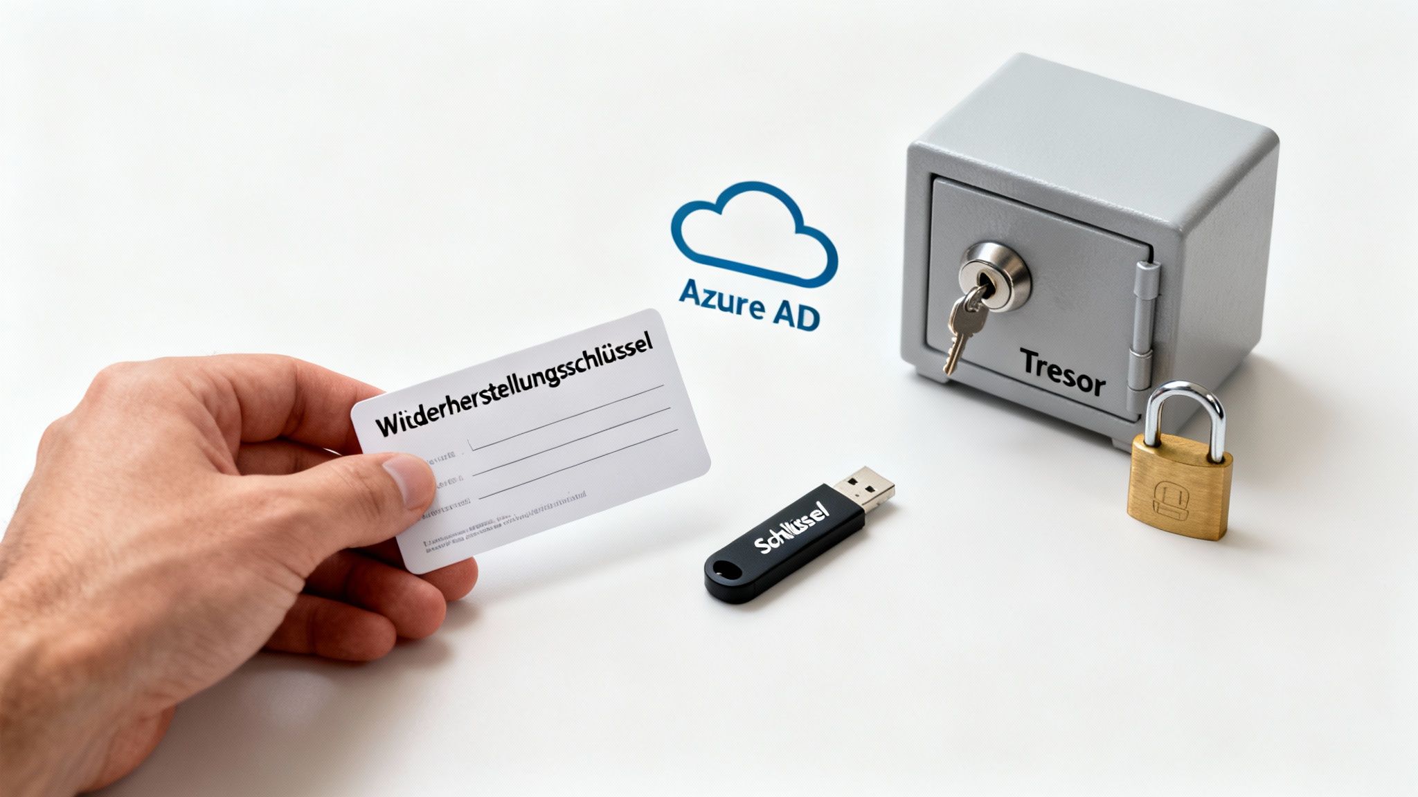 Hand hält Wiederherstellungsschlüsselkarte neben Azure AD Logo, USB-Stick, Tresor und Vorhängeschloss.