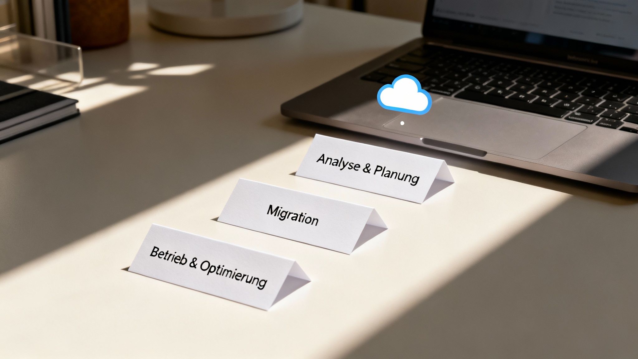 Laptop mit Cloud-Symbol und drei Schildern: Analyse & Planung, Migration, Betrieb & Optimierung. Prozess für Cloud-Dienste.