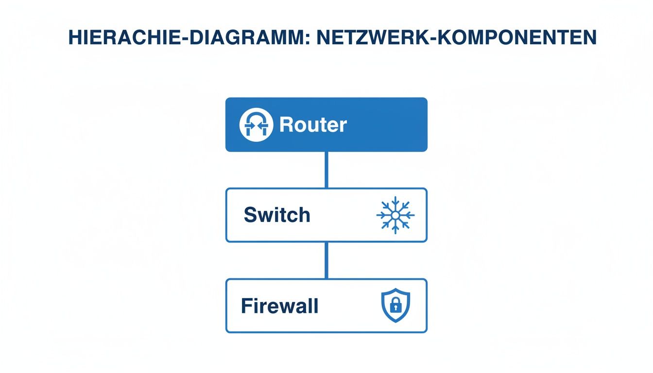 Ein Hierarchie-Diagramm zeigt Netzwerk-Komponenten: Router oben, gefolgt von Switch und Firewall unten.