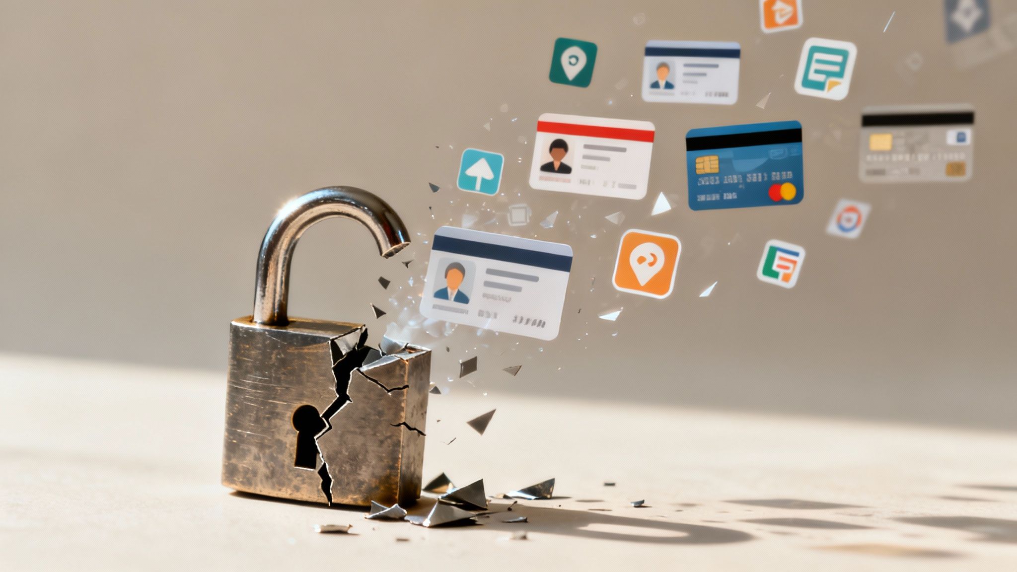 Eine Grafik, die die ernsten Konsequenzen einer Spyware-Infektion darstellt, wie zum Beispiel Identitätsdiebstahl und finanzielle Verluste, symbolisiert durch zerbrochene Kreditkarten und Warnsymbole.