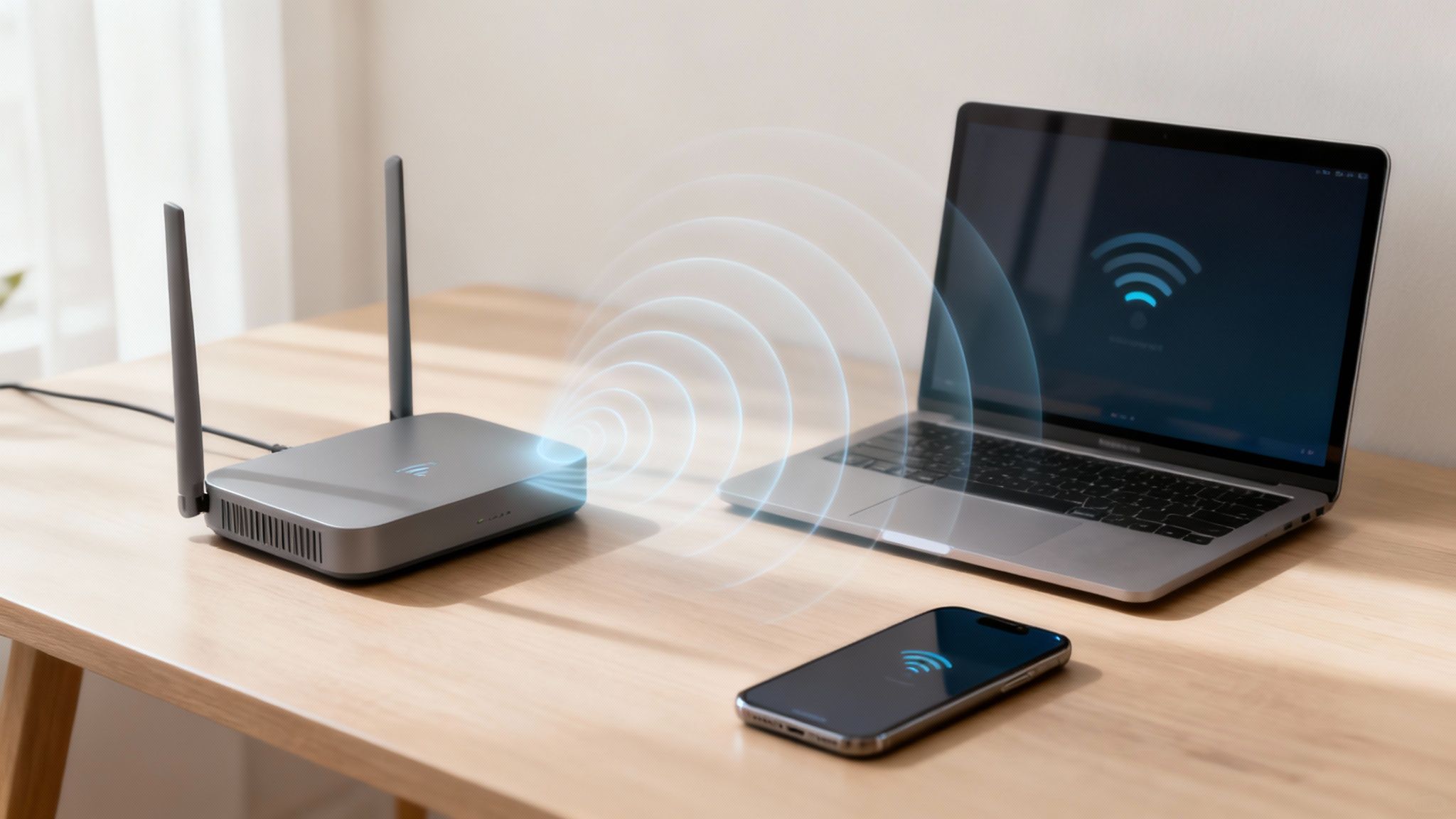 Person sitzt mit einem Laptop in einem modernen, hellen Wohnzimmer und nutzt das WLAN