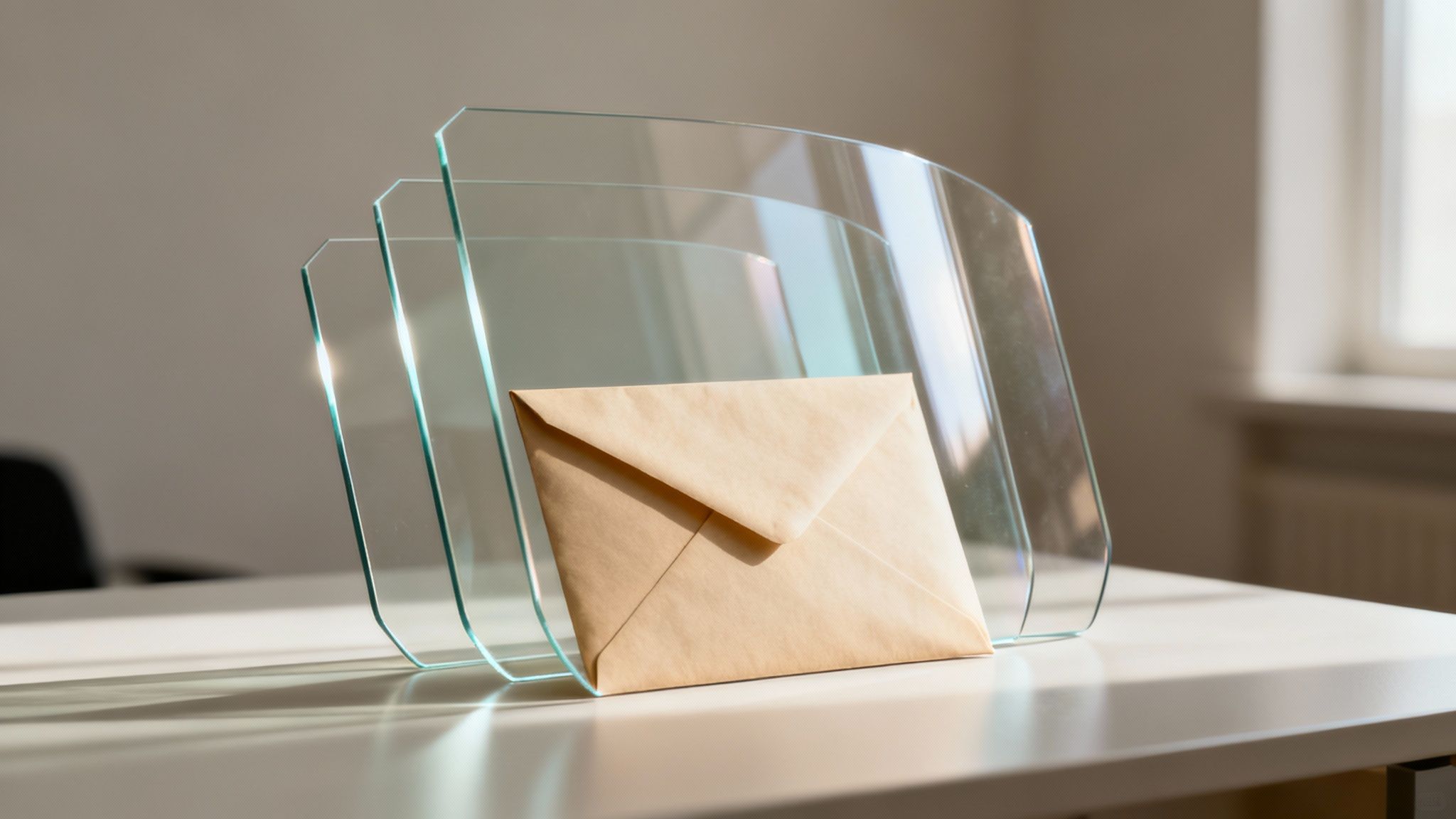 Heller Briefumschlag in transparentem Briefhalter auf weißem Schreibtisch im Sonnenlicht.