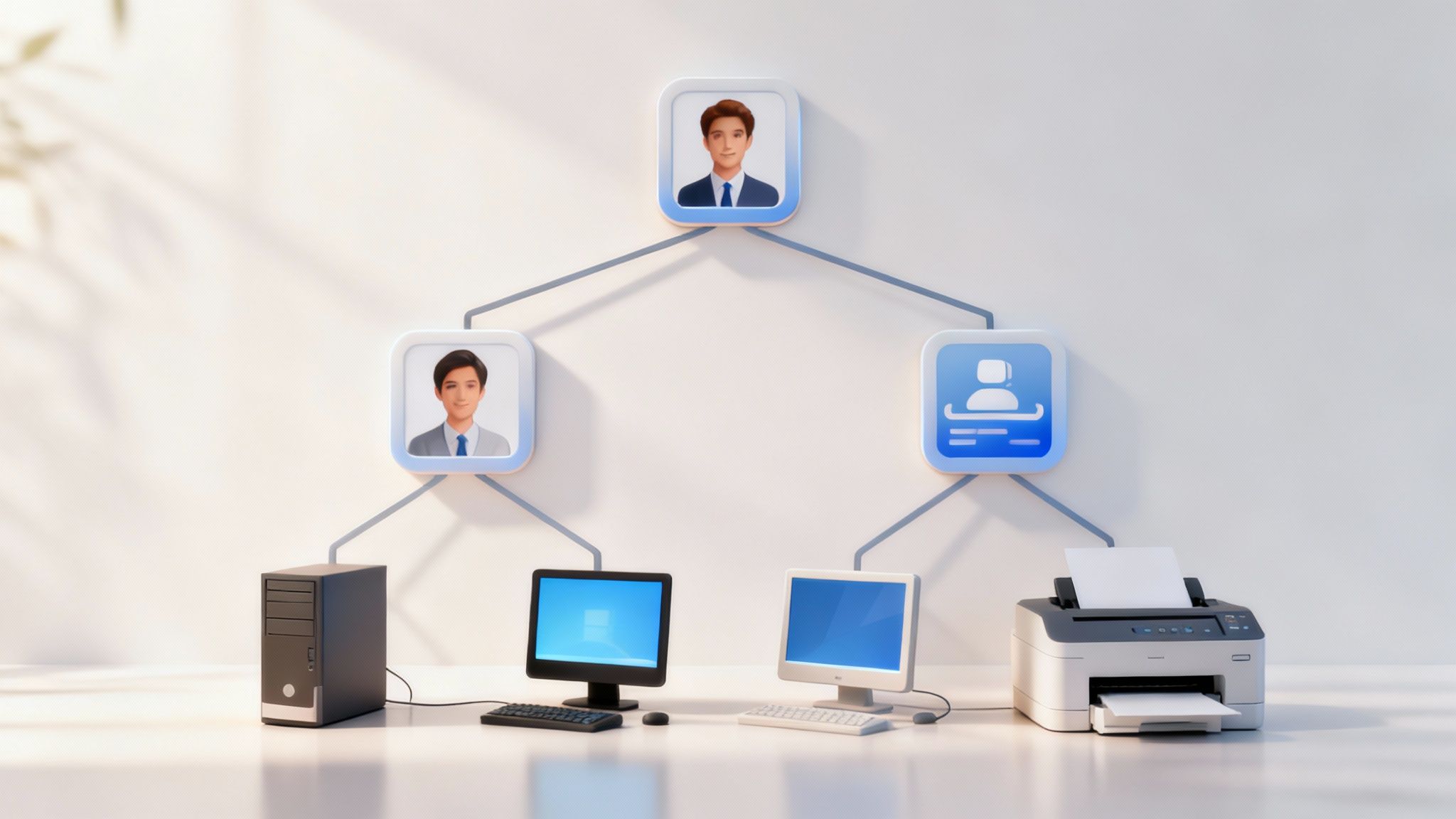 Eine schematische Darstellung einer hierarchischen Baumstruktur, die die Organisation von Benutzern, Computern und Druckern in Active Directory symbolisiert