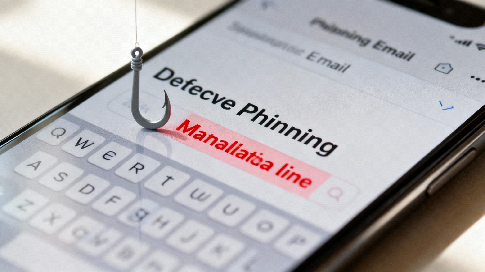 Eine schematische Darstellung eines Laptops mit einem Vorhängeschloss-Symbol, das verschiedene Wege der Spyware-Infektion abwehrt, wie z.B. Phishing-E-Mails und infizierte Downloads.