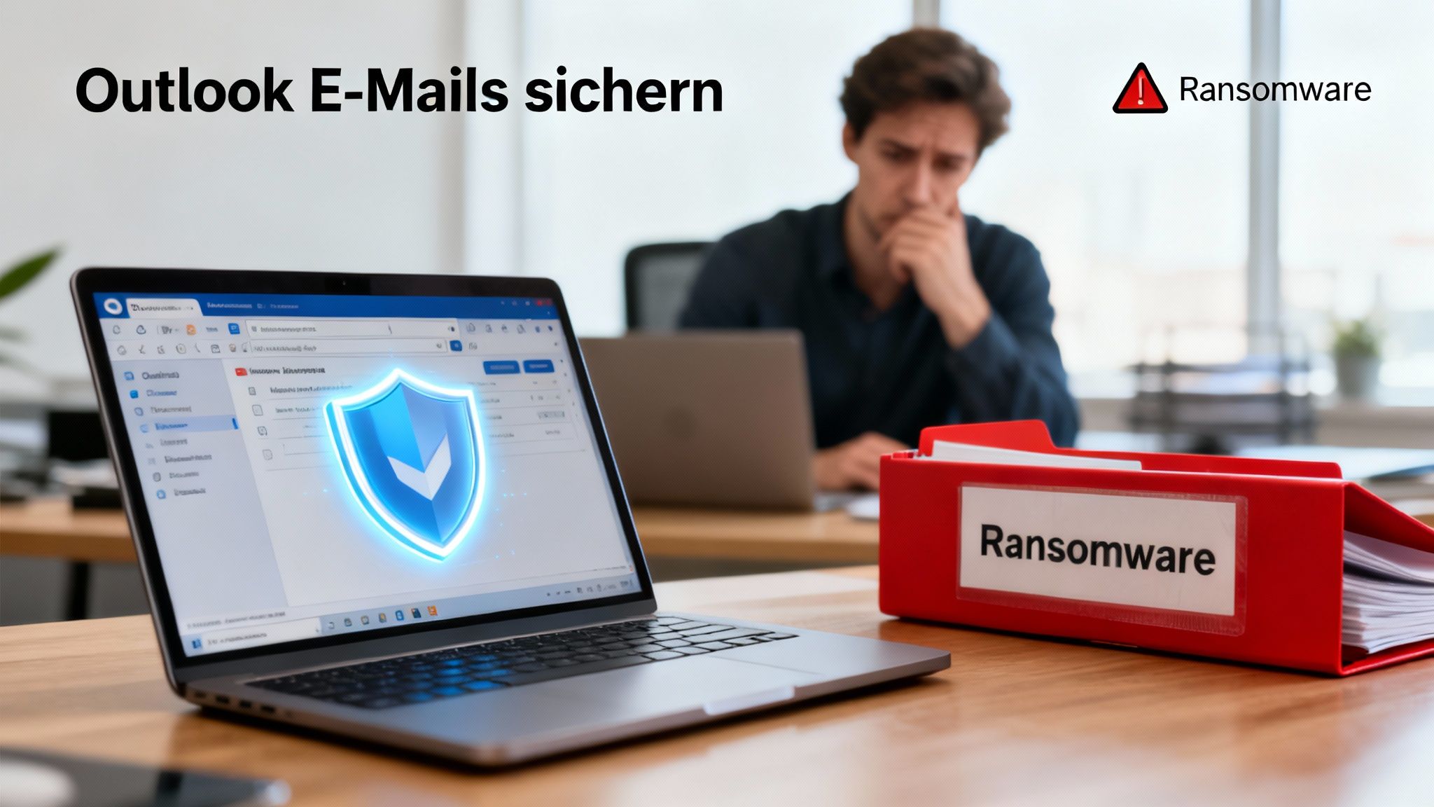 Laptop zeigt Sicherheitsschild für Outlook E-Mails, während ein besorgter Mann einen "Ransomware"-Ordner betrachtet.