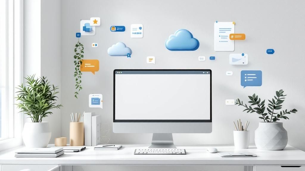 Aktenordner, die vor Computermonitoren stehen, symbolisieren den Übergang von Papier zu Digital