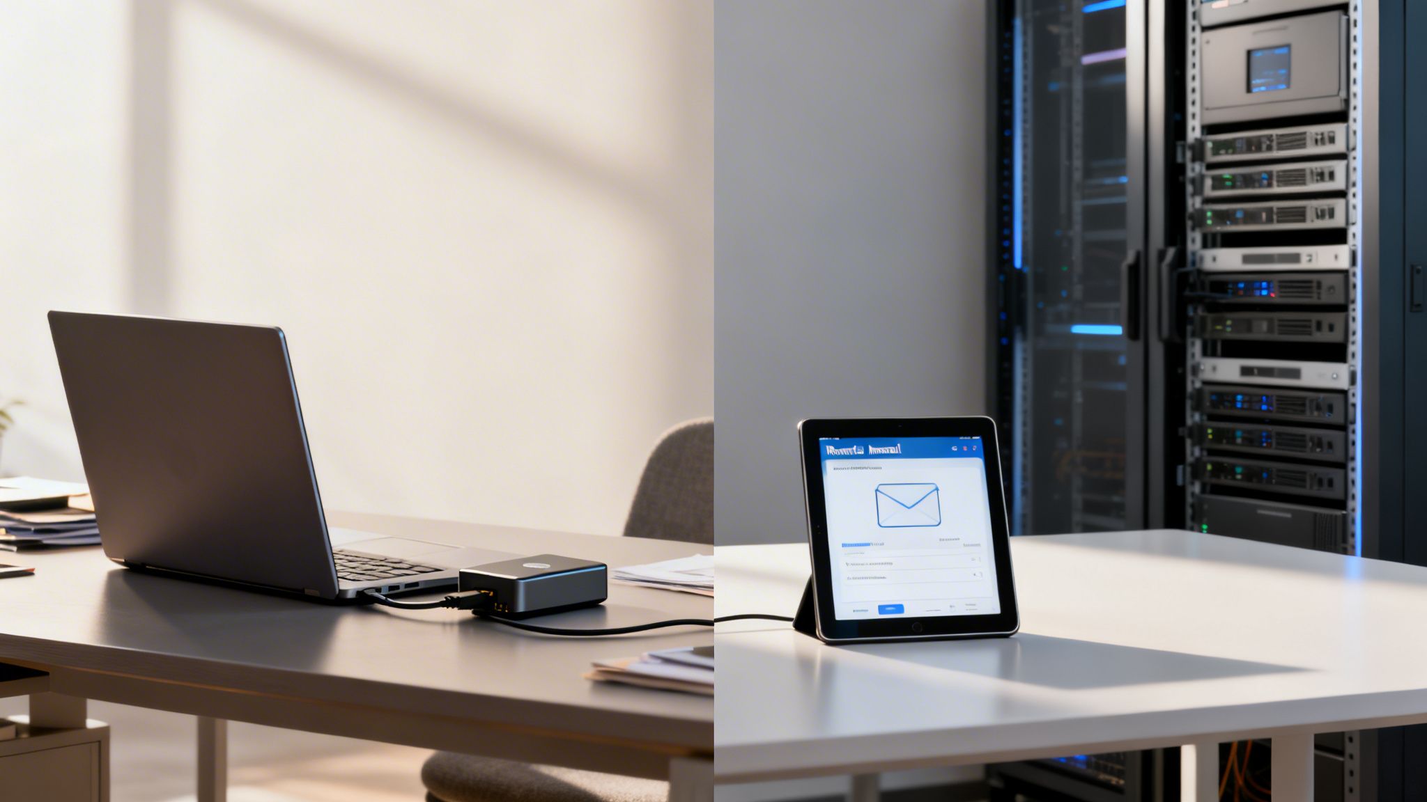 Digitale Arbeitsumgebung mit Laptop, Tablet mit E-Mail-Anzeige und IT-Servern im Rechenzentrum.