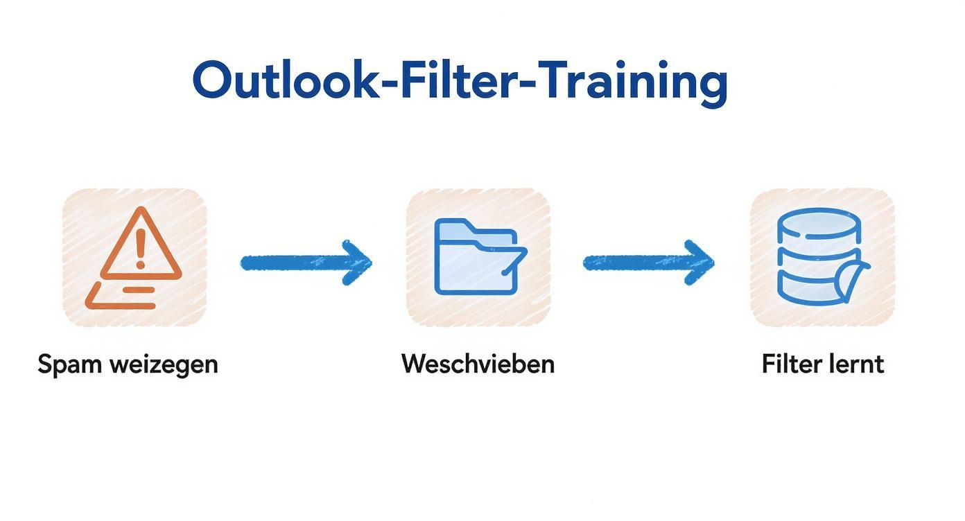 Visualisierung des Outlook-Filter-Trainings: Spam markieren, verschieben und den Filter trainieren, um E-Mails besser zu erkennen.