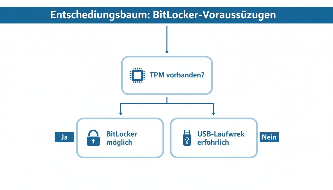Entscheidungsbaum für BitLocker-Voraussetzungen: Prüfung, ob TPM vorhanden ist. Bei 'Ja' ist BitLocker möglich, bei 'Nein' ist ein USB-Laufwerk erforderlich.