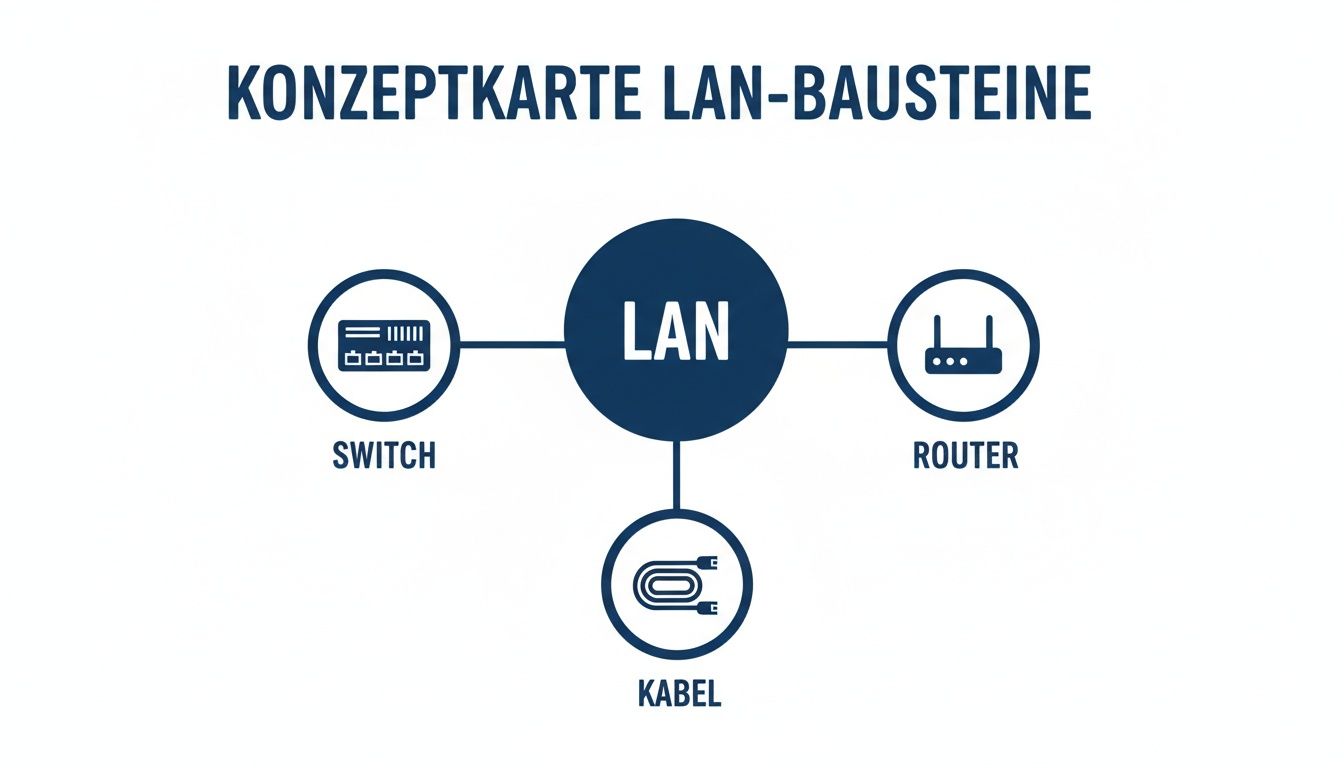 Konzeptkarte zu LAN-Bausteinen mit Switch, Router und Kabel zur Darstellung von Netzwerkkomponenten.