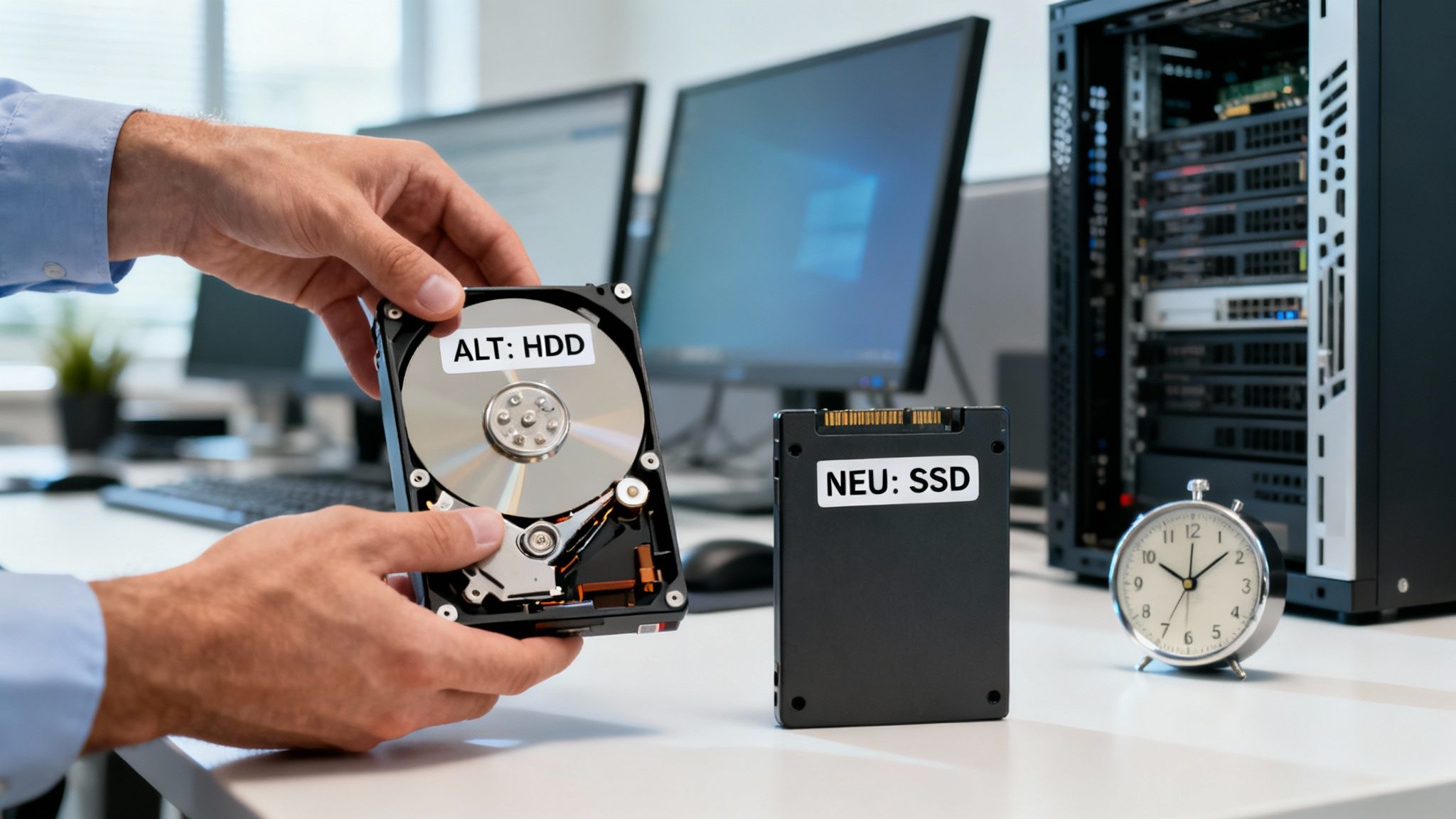 Ein Techniker vergleicht eine alte Festplatte (HDD) mit einer modernen SSD in einem Serverraum.