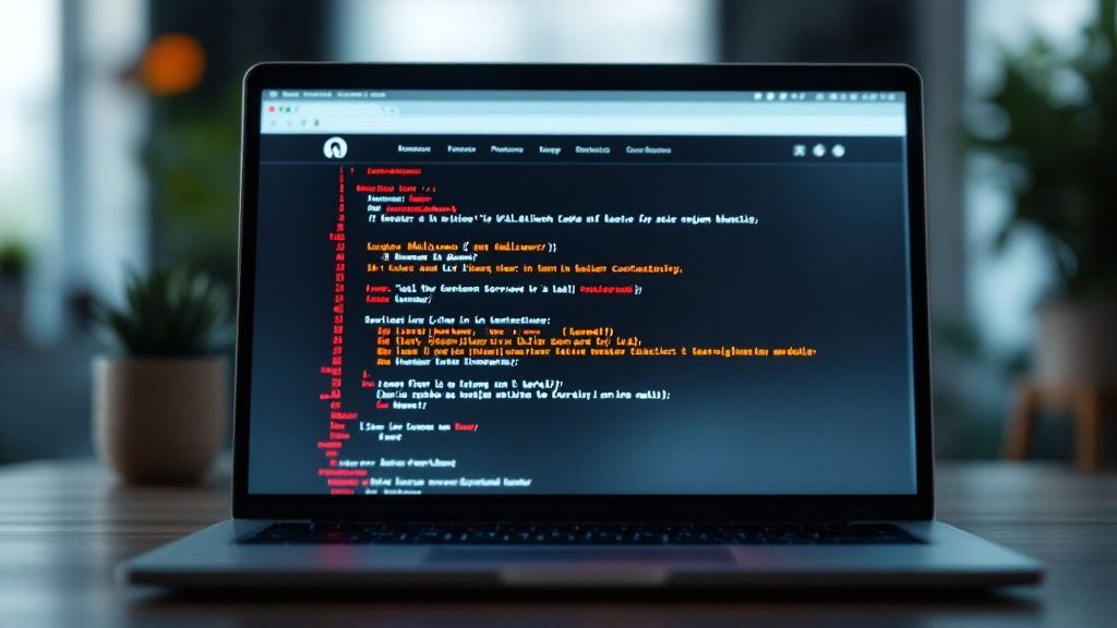 Eine Person, die ahnungslos an einem Laptop arbeitet, während im Hintergrund bösartiger Code heruntergeladen wird.