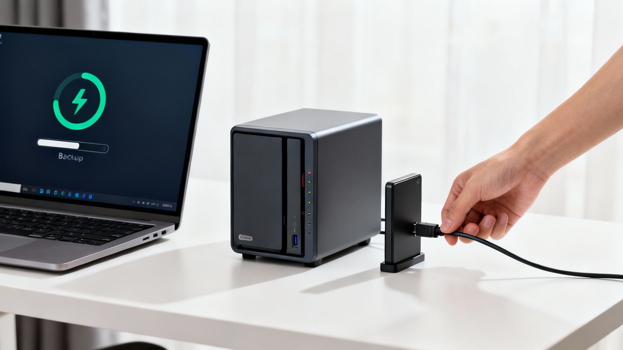 Eine Person plant an einem Schreibtisch die Backup-Strategie mit verschiedenen Speichermedien wie Festplatten und Cloud-Symbolen.