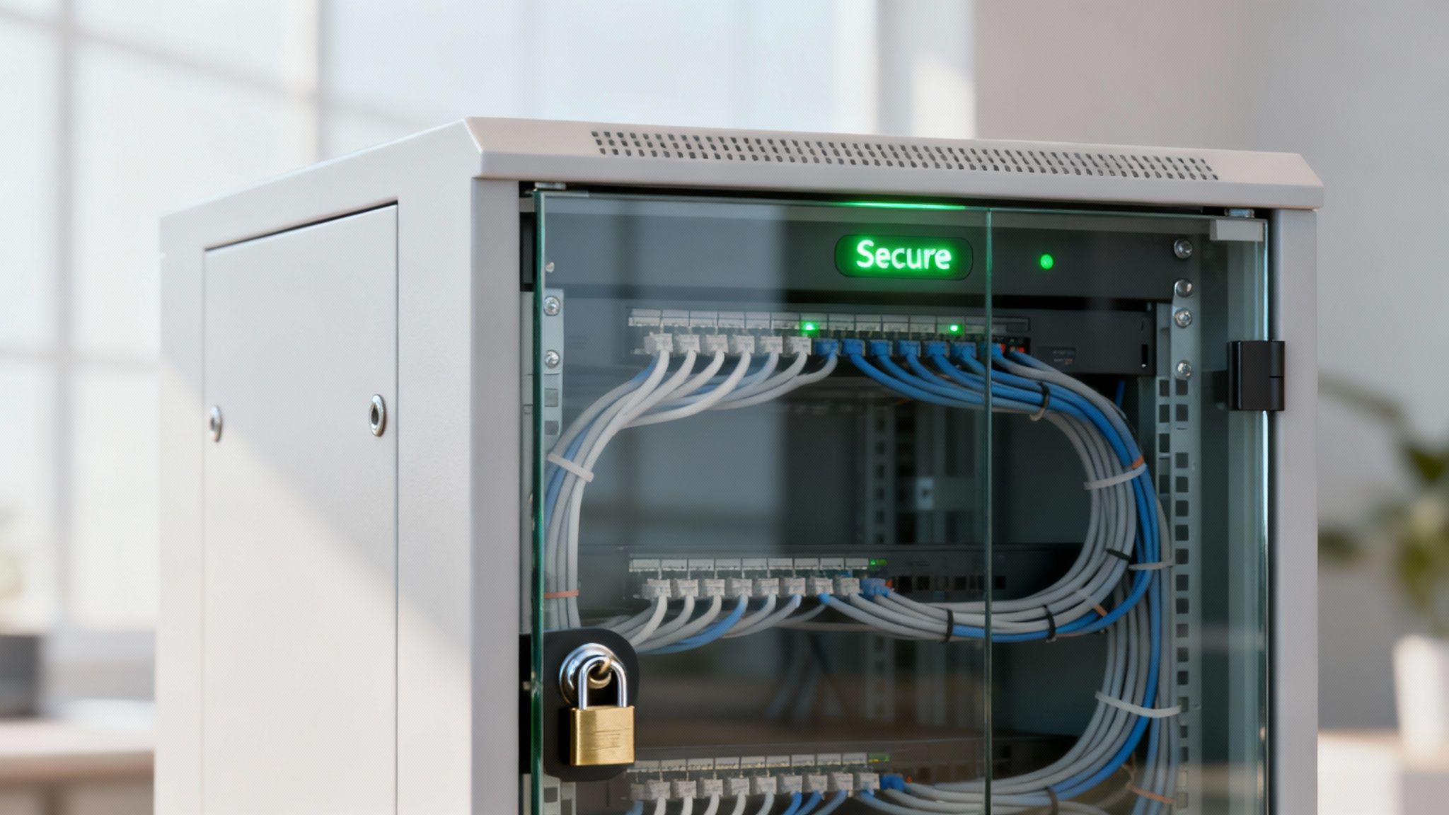 Ein digitales Schloss-Symbol überlagert ein Netzwerkdiagramm, was die Sicherheit der SIP-Trunking-Technologie darstellt.