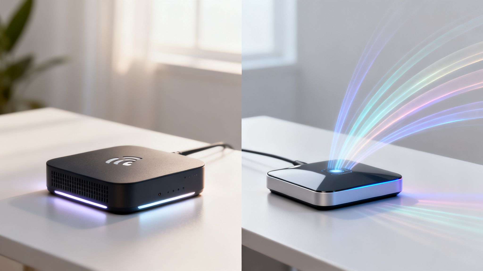 Zwei unterschiedliche Wi-Fi-Router auf einem Tisch, der linke leuchtet lila, der rechte strahlt farbige Lichtstrahlen ab.