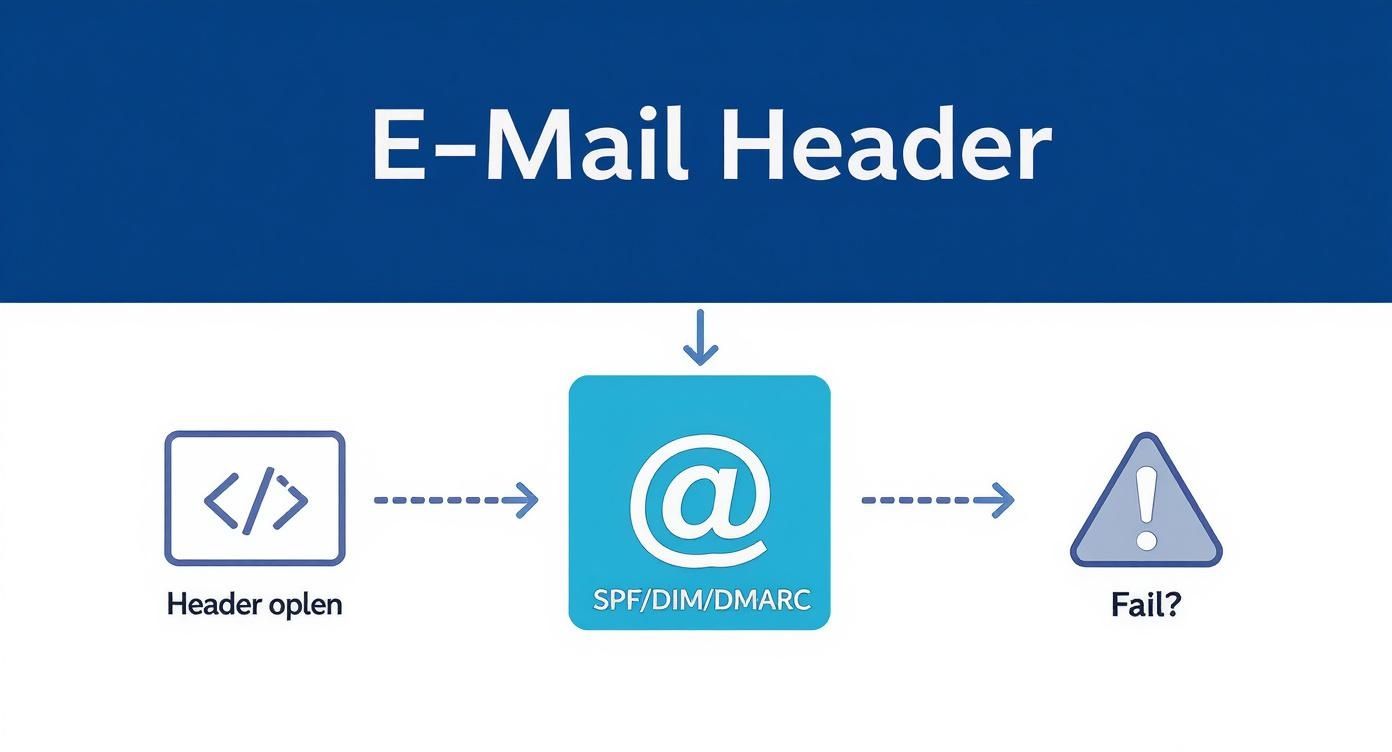 Flussdiagramm zur E-Mail-Header-Analyse: Öffnen, Überprüfung mittels SPF/DIM/DMARC, potenzielles Scheitern.