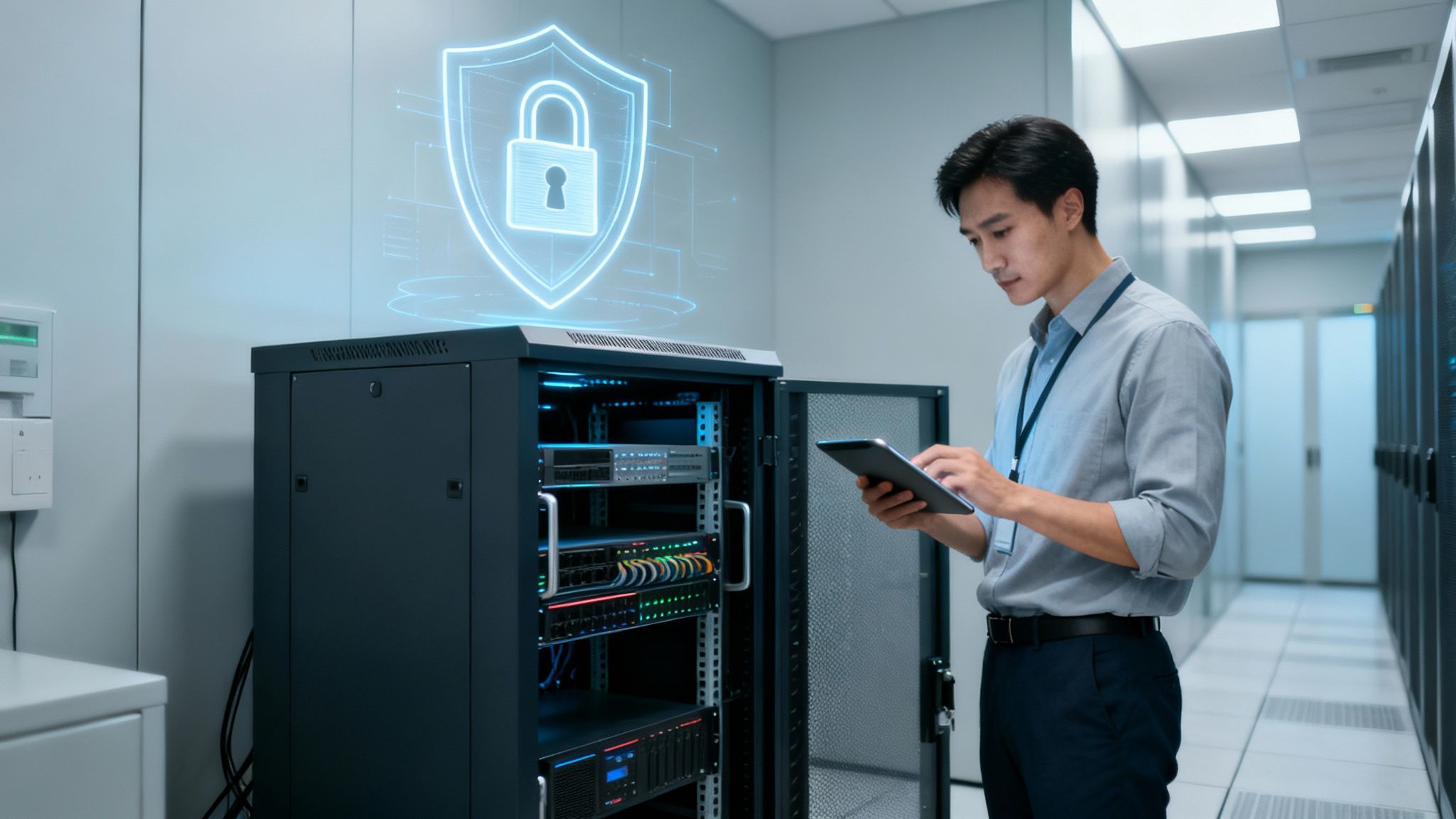 Junger IT-Techniker prüft Server in einem Rechenzentrum mit Tablet und Sicherheitssymbol.